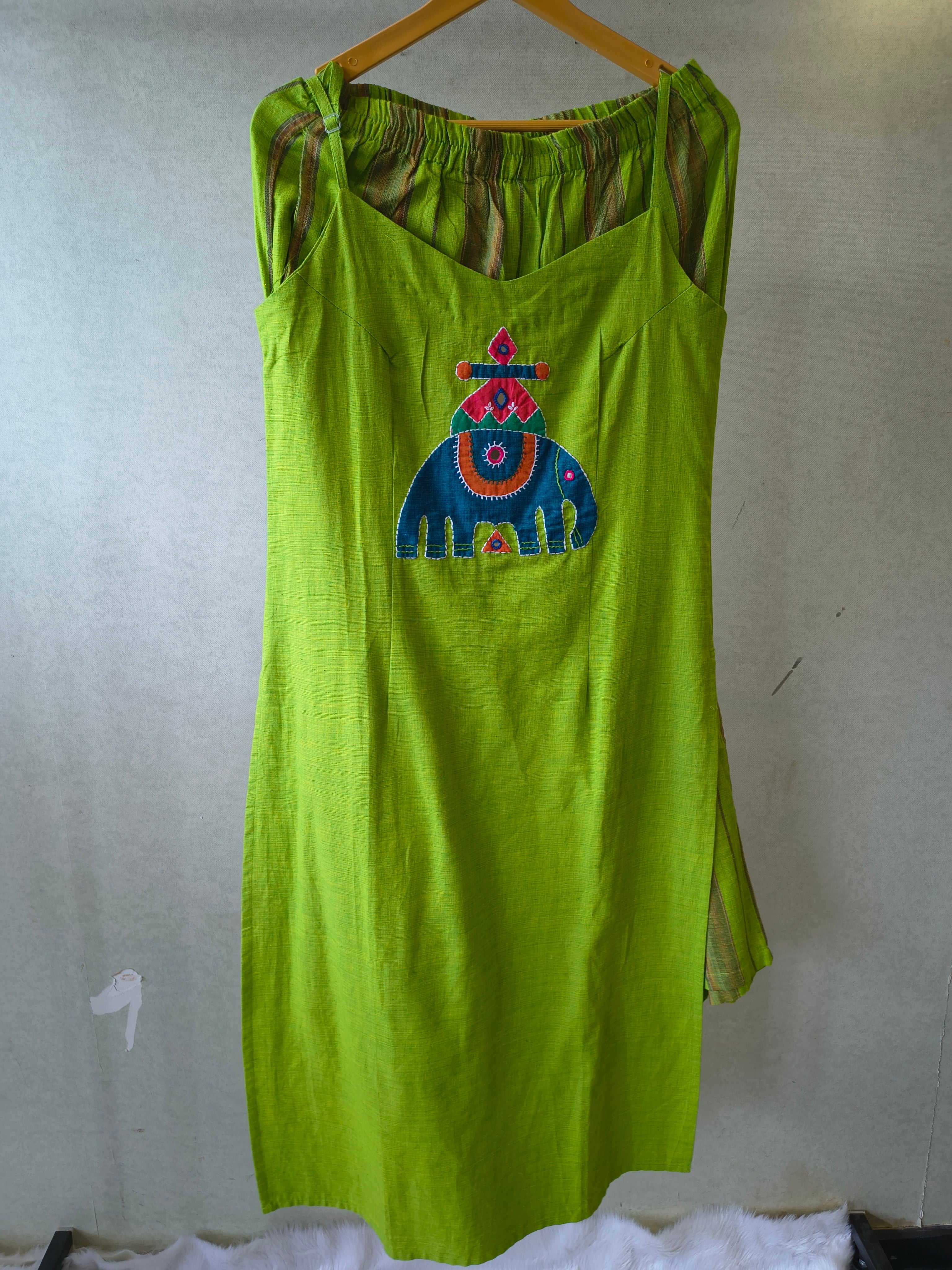 Image of Lime Green Sleeveless Cotton Kurta Set with Tribal Elephant Appliqué & Striped Straight Pants
