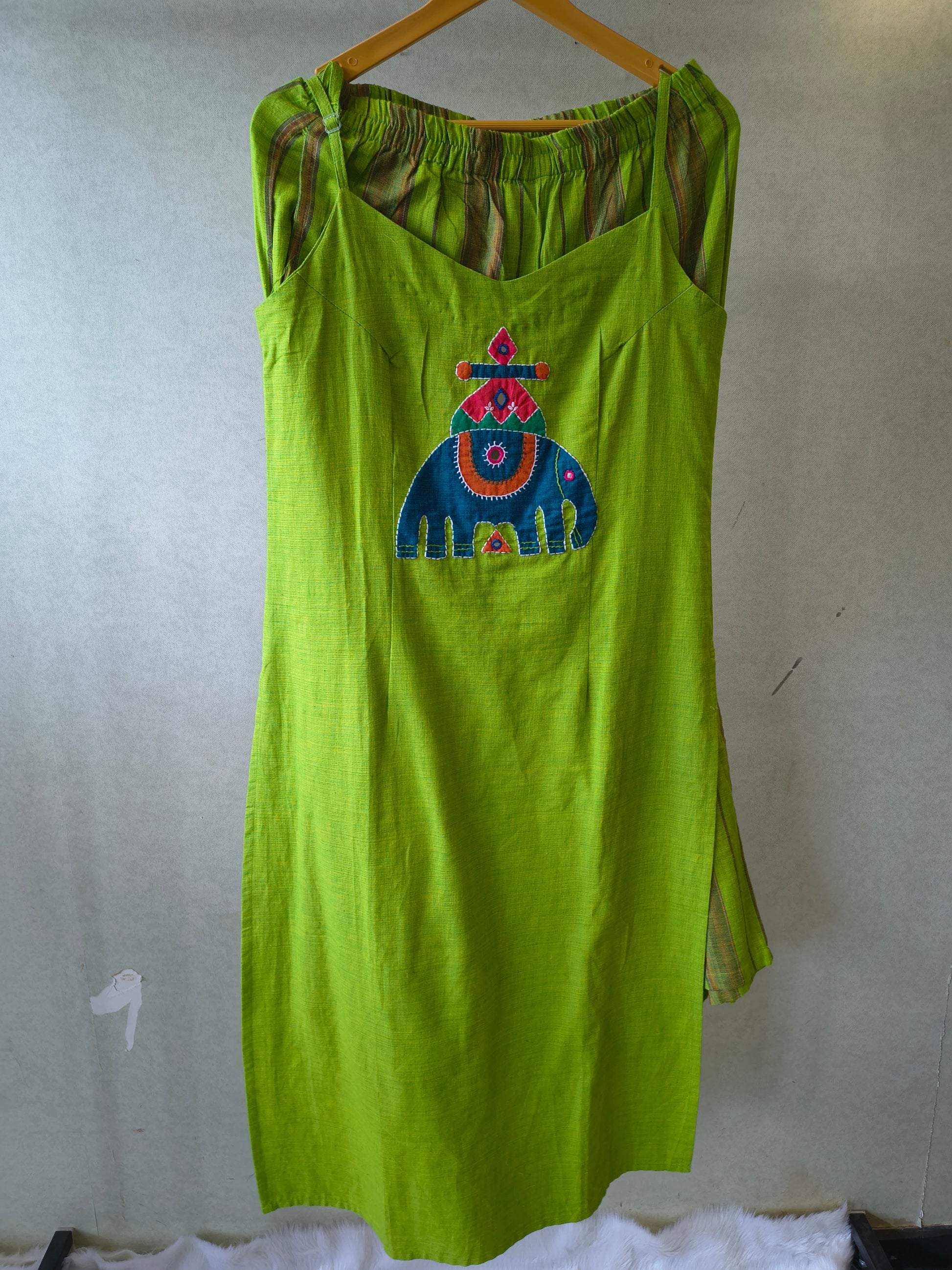 Lime Green Sleeveless Cotton Kurta Set with Tribal Elephant Appliqué & Striped Straight Pants