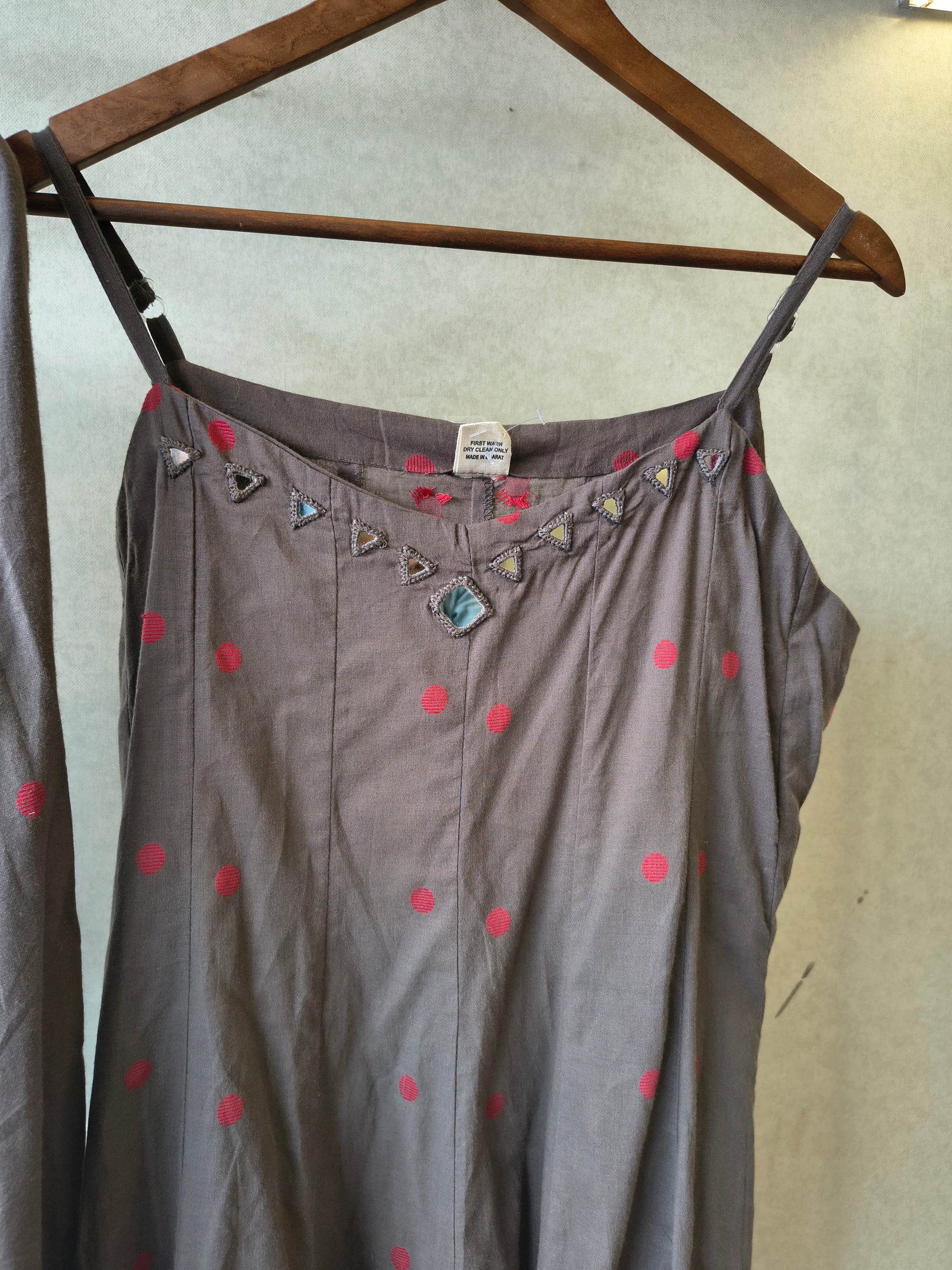 Premium Charcoal Grey Polka Dot Cotton Sleeveless A-Line Kurta & Pant Co-Ord Set