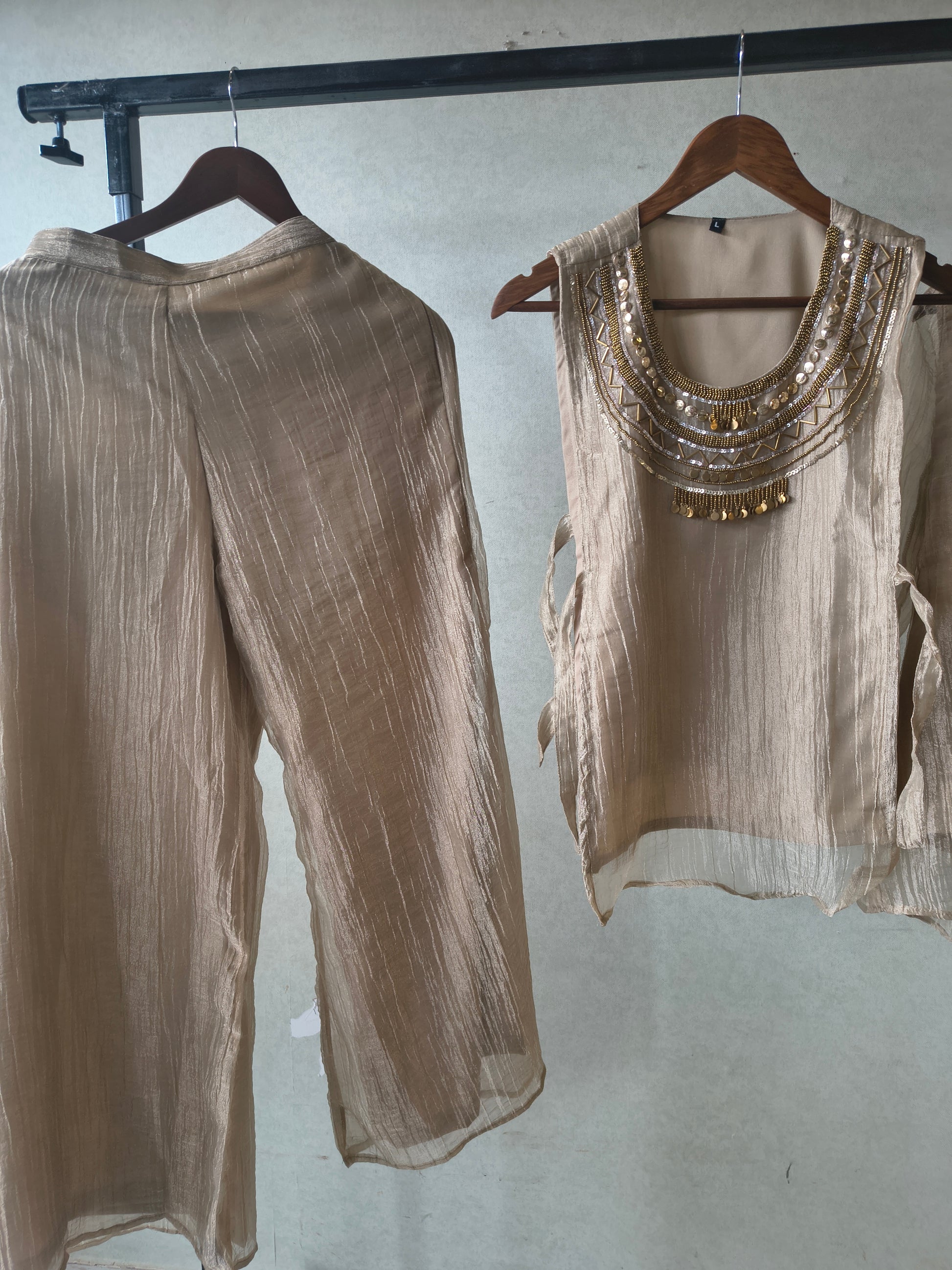 Premium Champagne Tissue Silk 3-Piece Co-Ord Set with Statement Hand Embellished Jacket, Inner & Palazzo