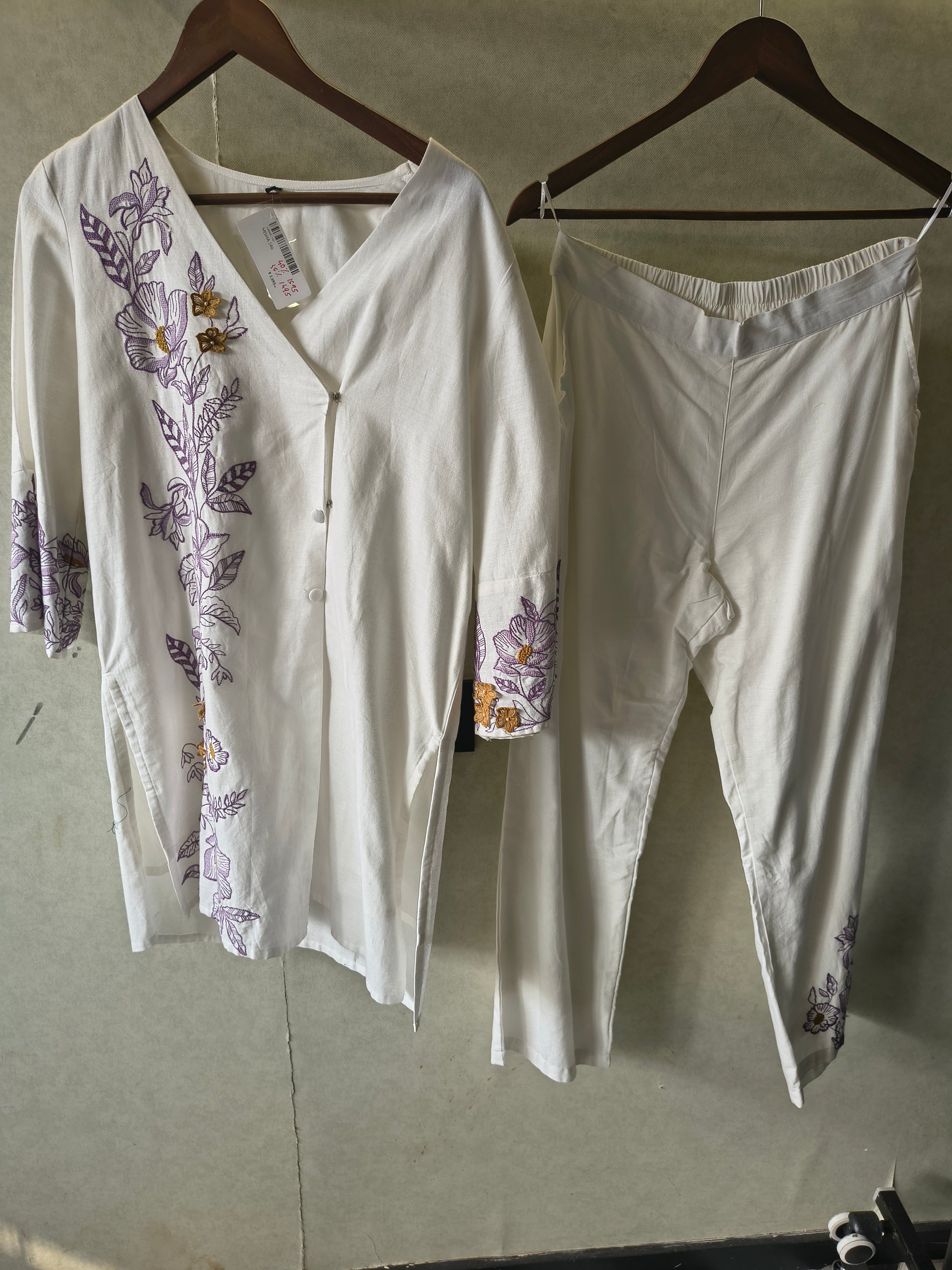 Ivory Lavender Floral Embroidered Designer Wrap Kurta Pant Co-Ord Set