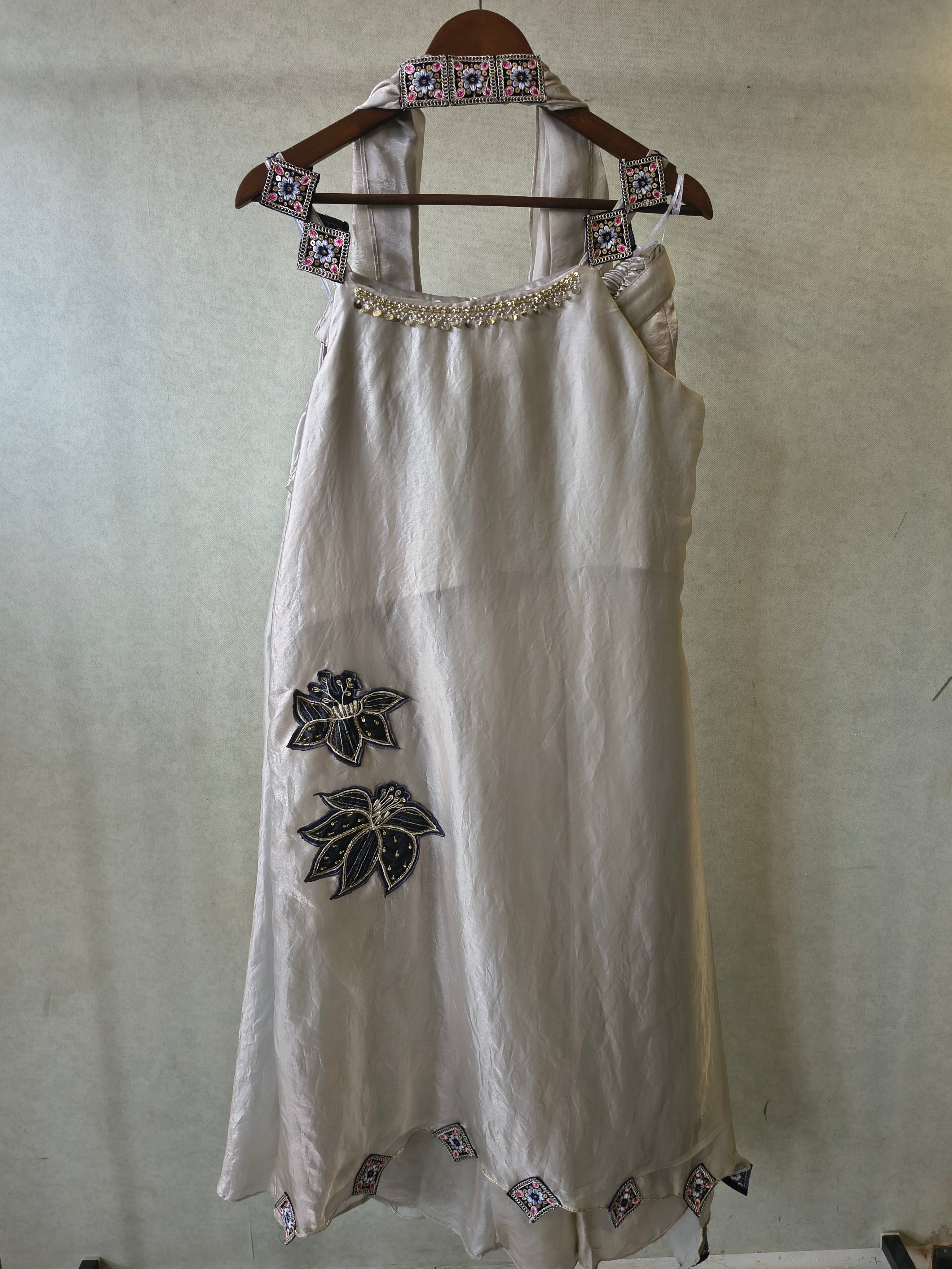 Image of Ivory Designer A-Line Dress with Handcrafted Floral Appliqué & Embellished Scarf
