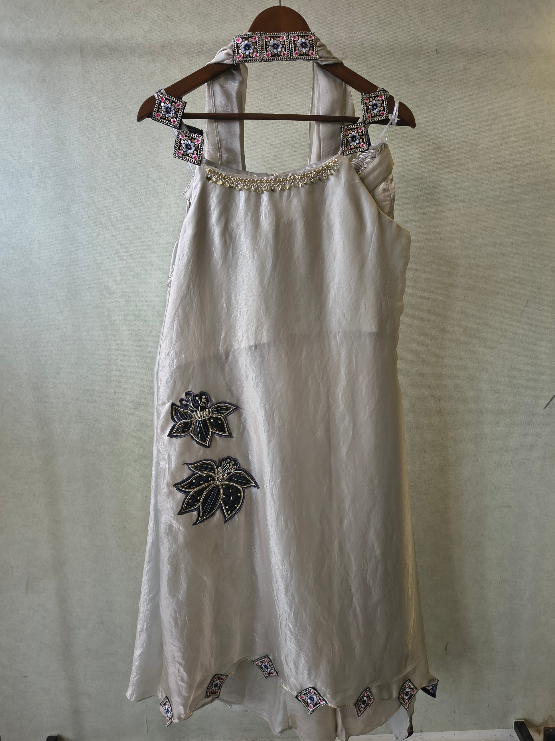 Ivory Designer A-Line Dress with Handcrafted Floral Appliqué & Embellished Scarf