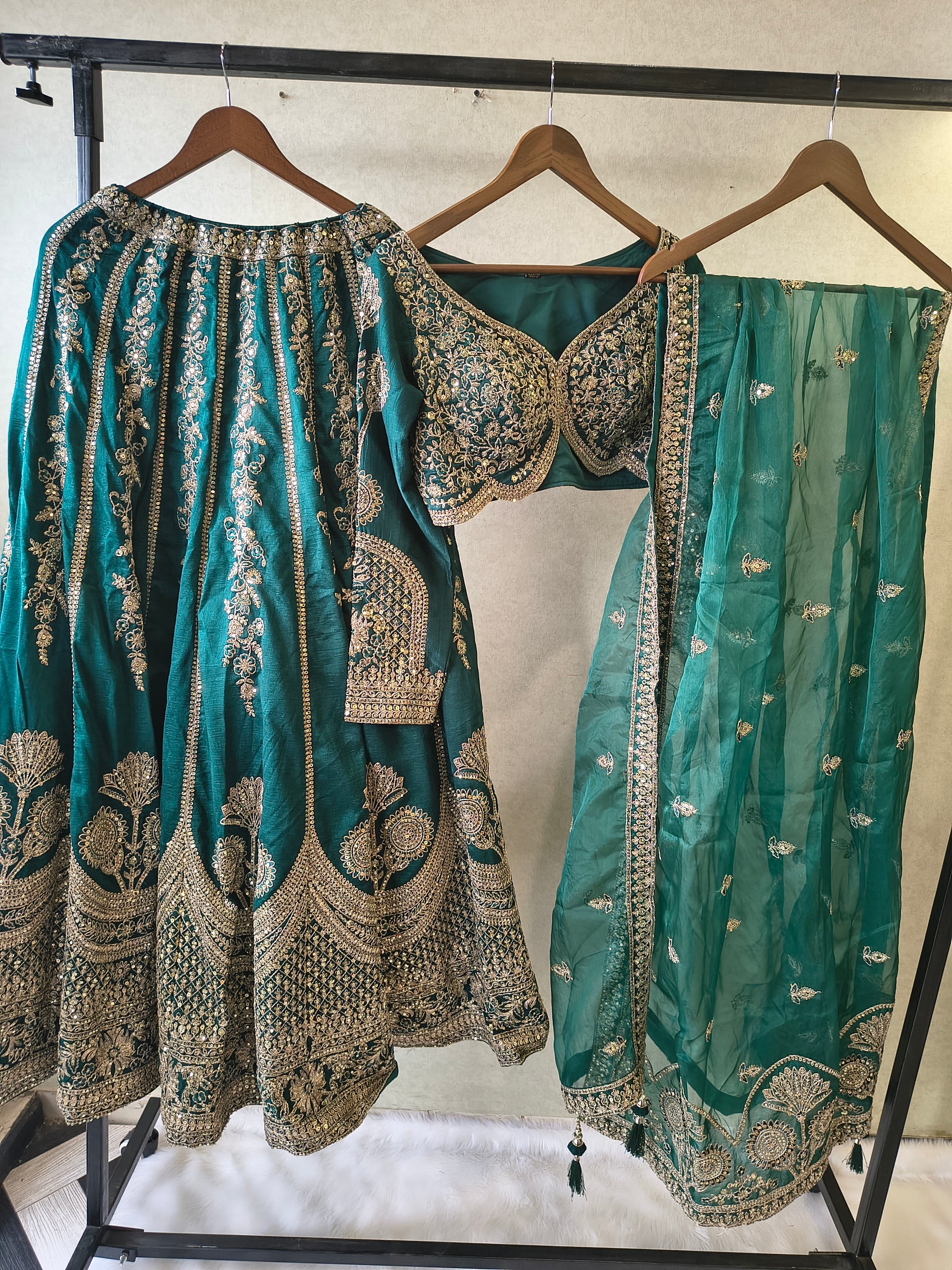 Emerald Teal Heavy Embroidered Designer Lehenga Set with Bridal Blouse & Organza Dupatta | Premium Wedding Collection