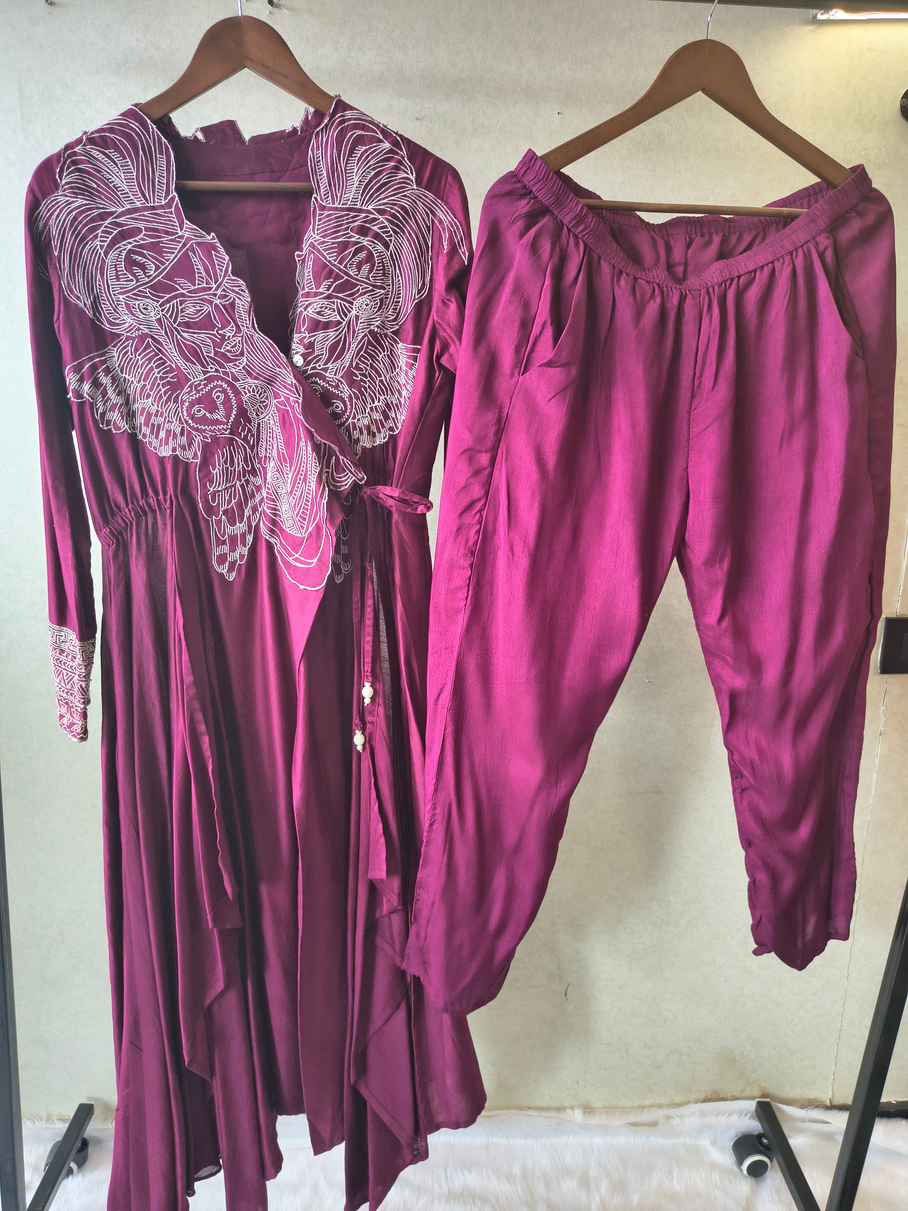 Image of Wine Embroidered Wrap Style Indo-Western Jacket with Dhoti Pants – Designer 2 Piece Fusion Set