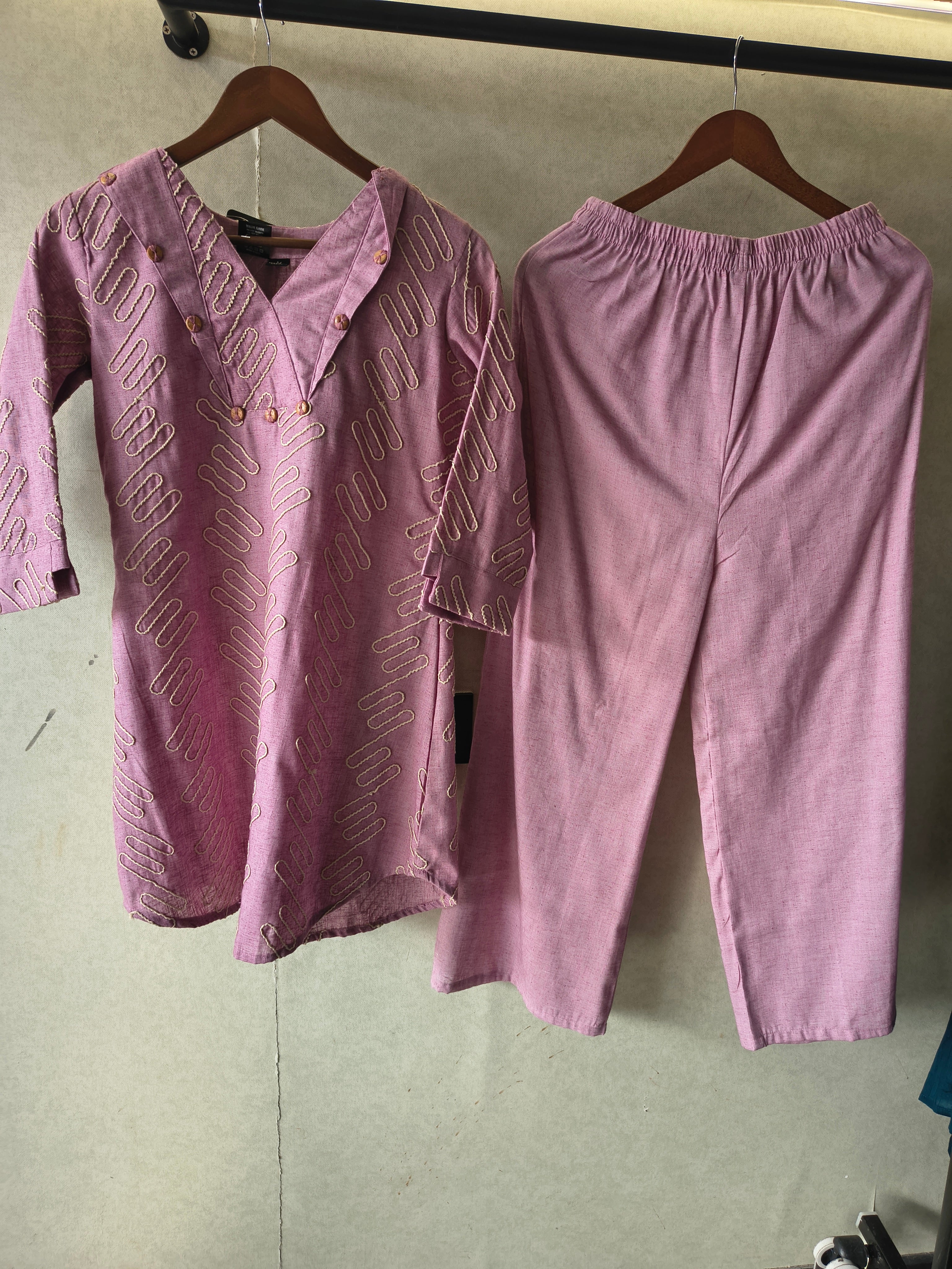 Image of Dusty Rose Embroidered V-Neck Designer Kurta Pant Co-Ord Set