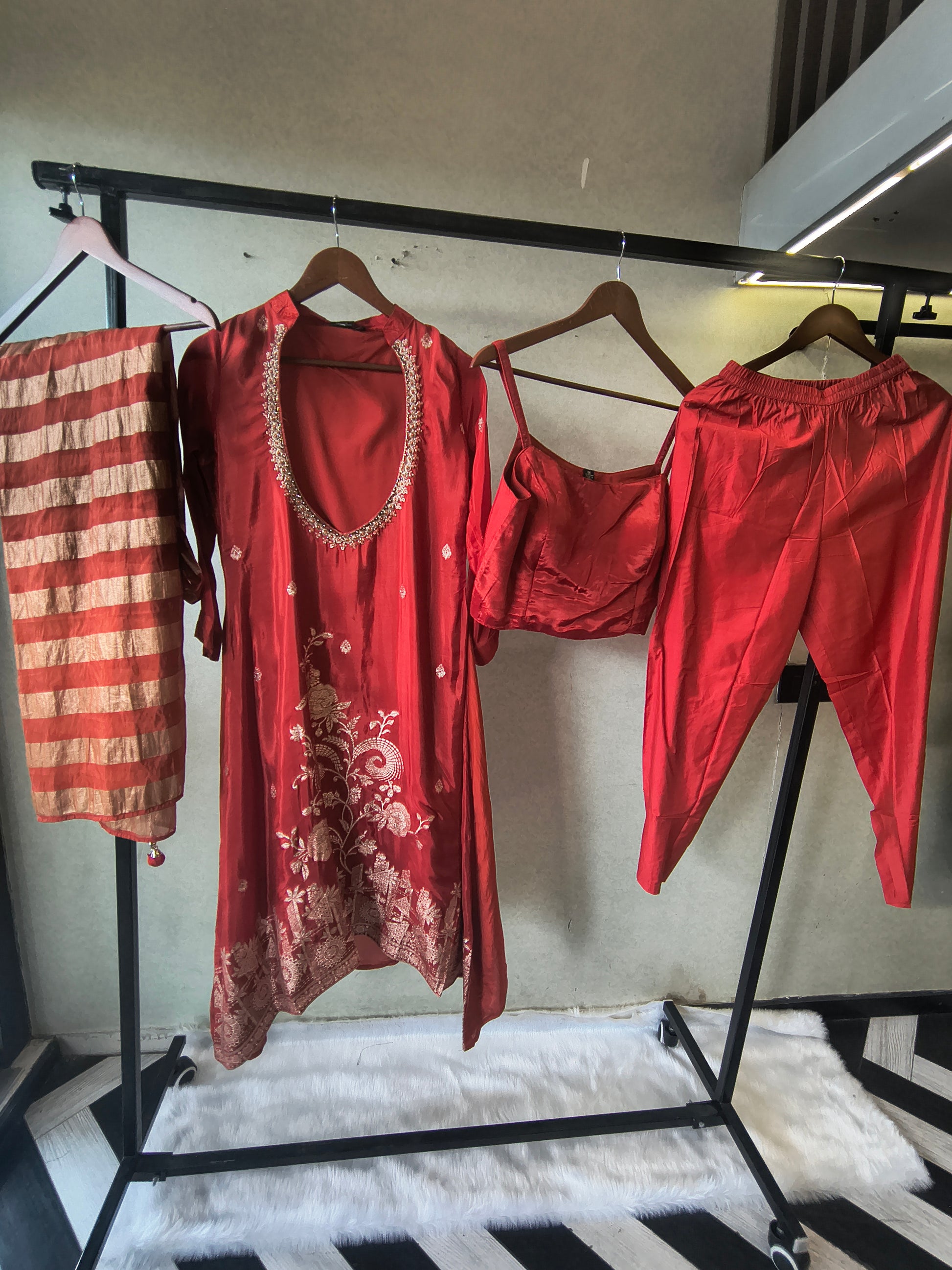 Ruby Red Embroidered Asymmetrical Kurta with Inner, Cigarette Pants & Striped Dupatta – 4 Piece Designer Indo-Western Set