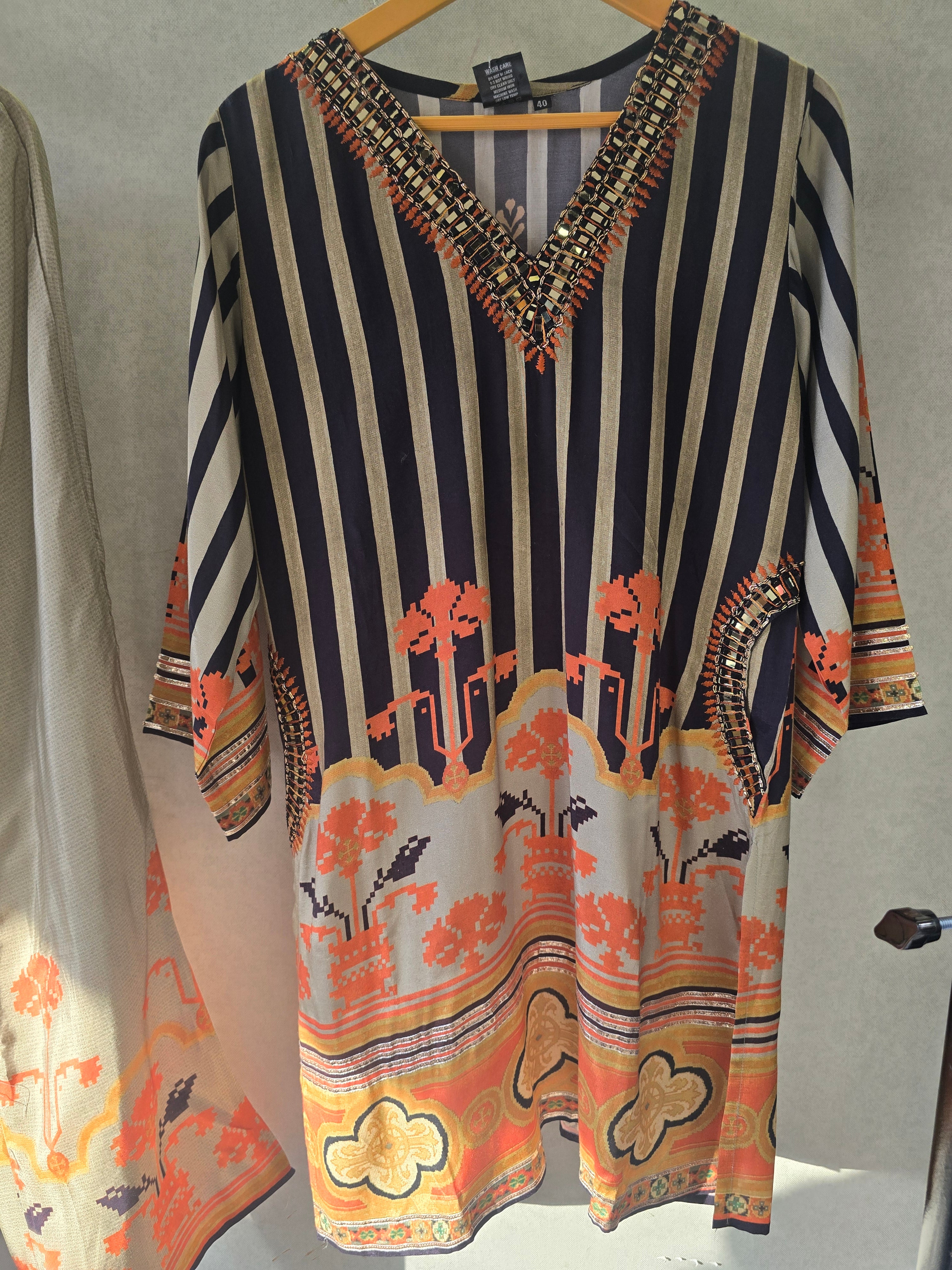 Image of Navy Stripe Mirror Work Kaftan Co-Ord Set