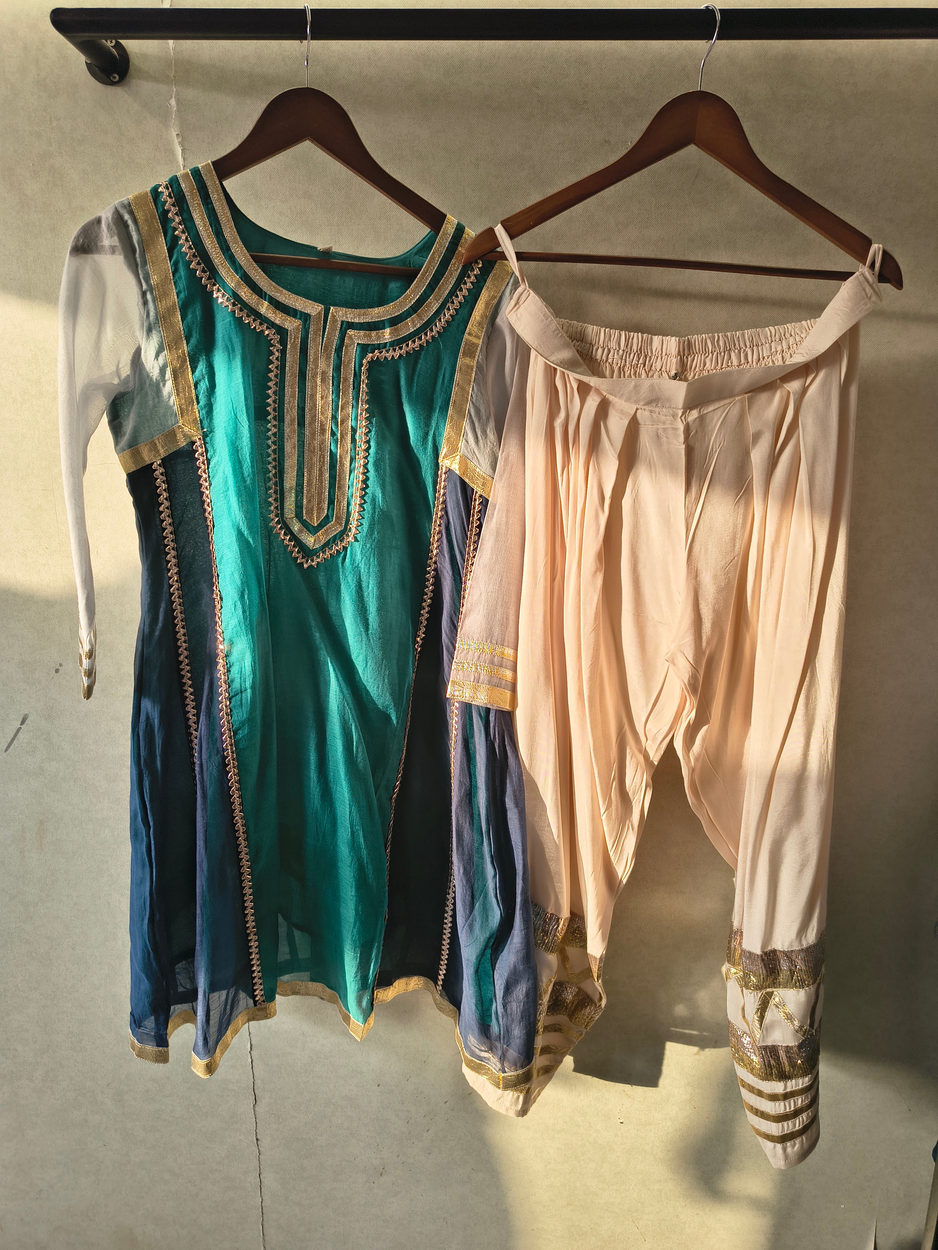 Image of Teal & Navy Colour Block Designer Kurta Set with Gota Patti Dhoti Pants