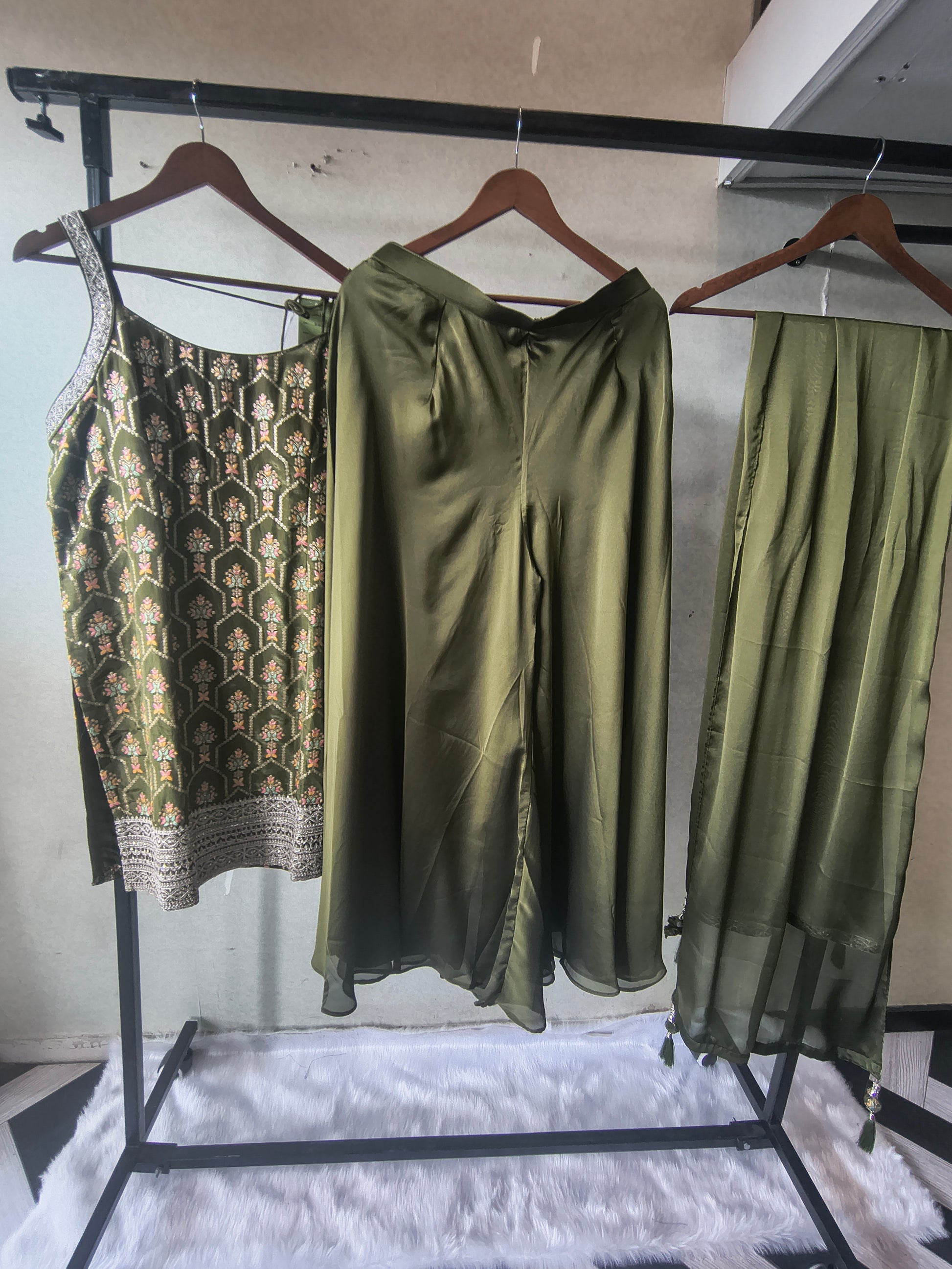 Olive Green Printed Sharara Set with Embroidered Border & Dupatta – Premium 3 Piece Festive Ensemble