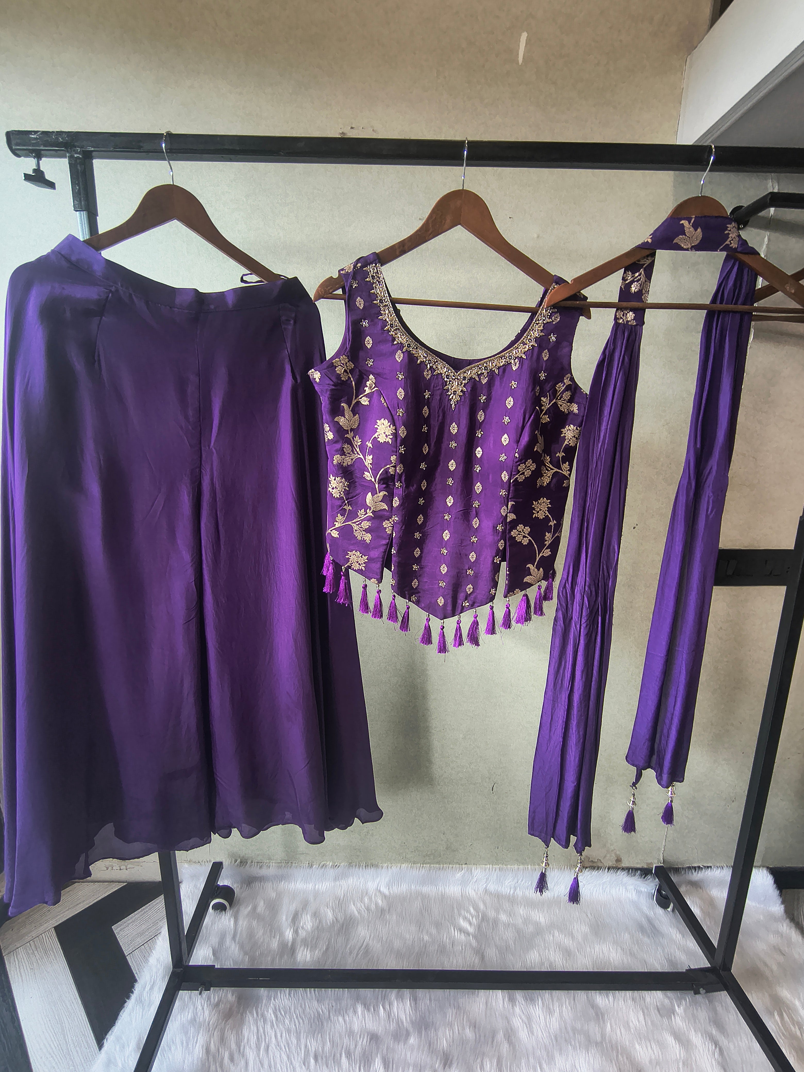 Image of Premium Royal Purple 3-Piece Designer Lehenga Set with Zari Embroidered Peplum Blouse & Dupatta