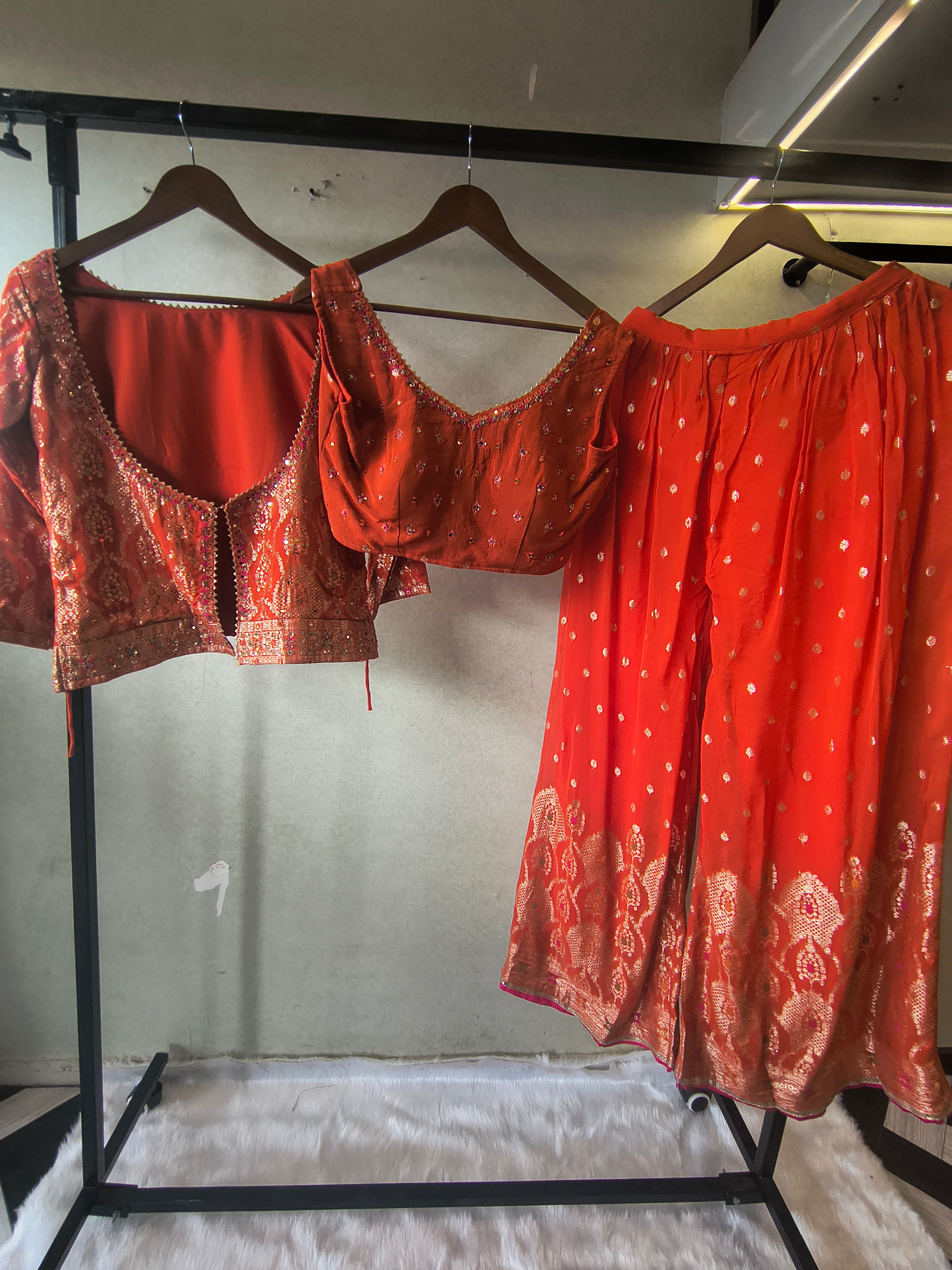 Image of Rust Orange Banarasi Embroidered Lehenga Set with Handworked Blouse & Embellished Blouse – Designer 3 Piece Festive Ensemble