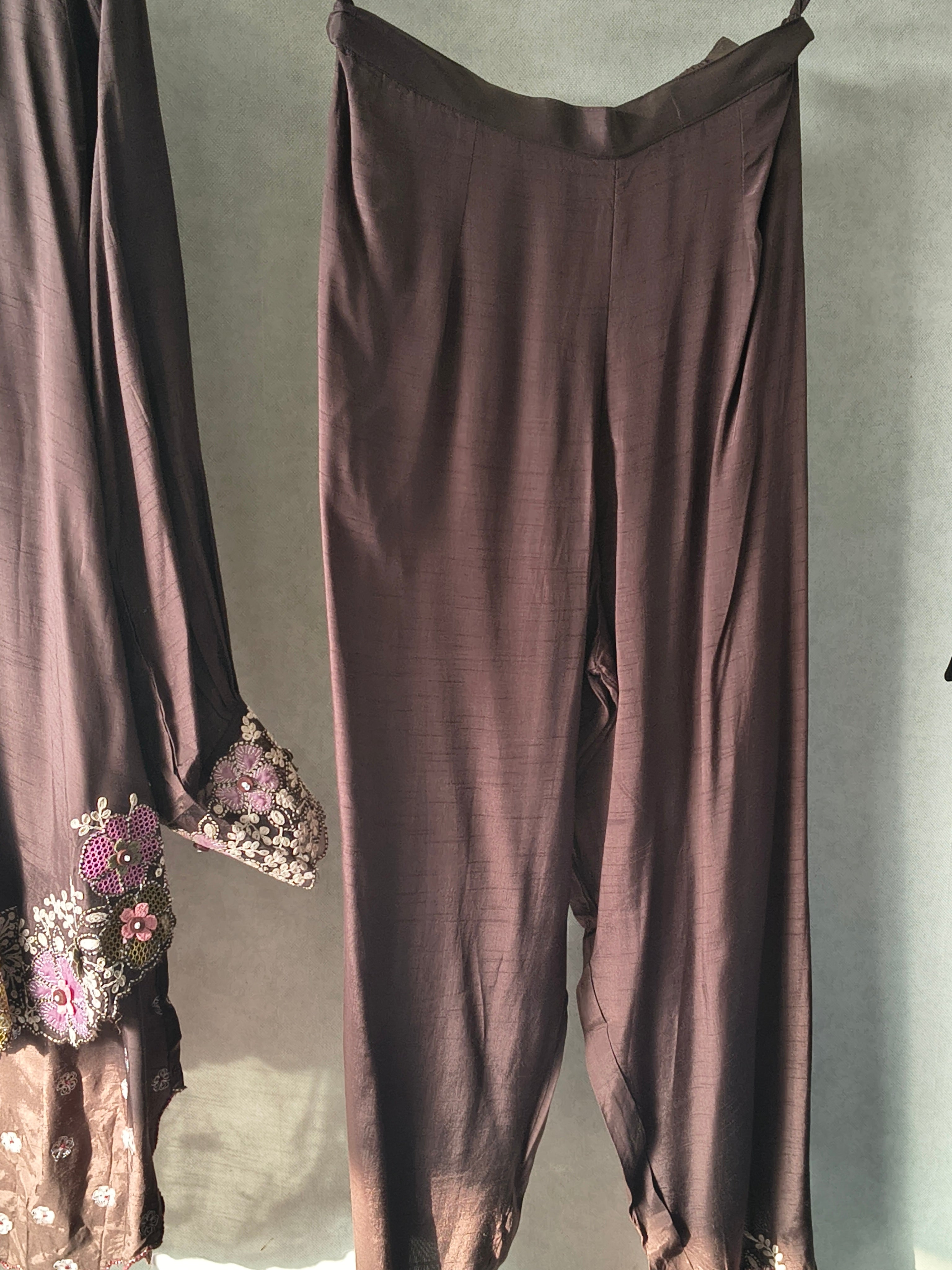 Image of Chocolate Brown Designer Embroidered Co-Ord Set with 3D Floral Appliqué & Organza Hem