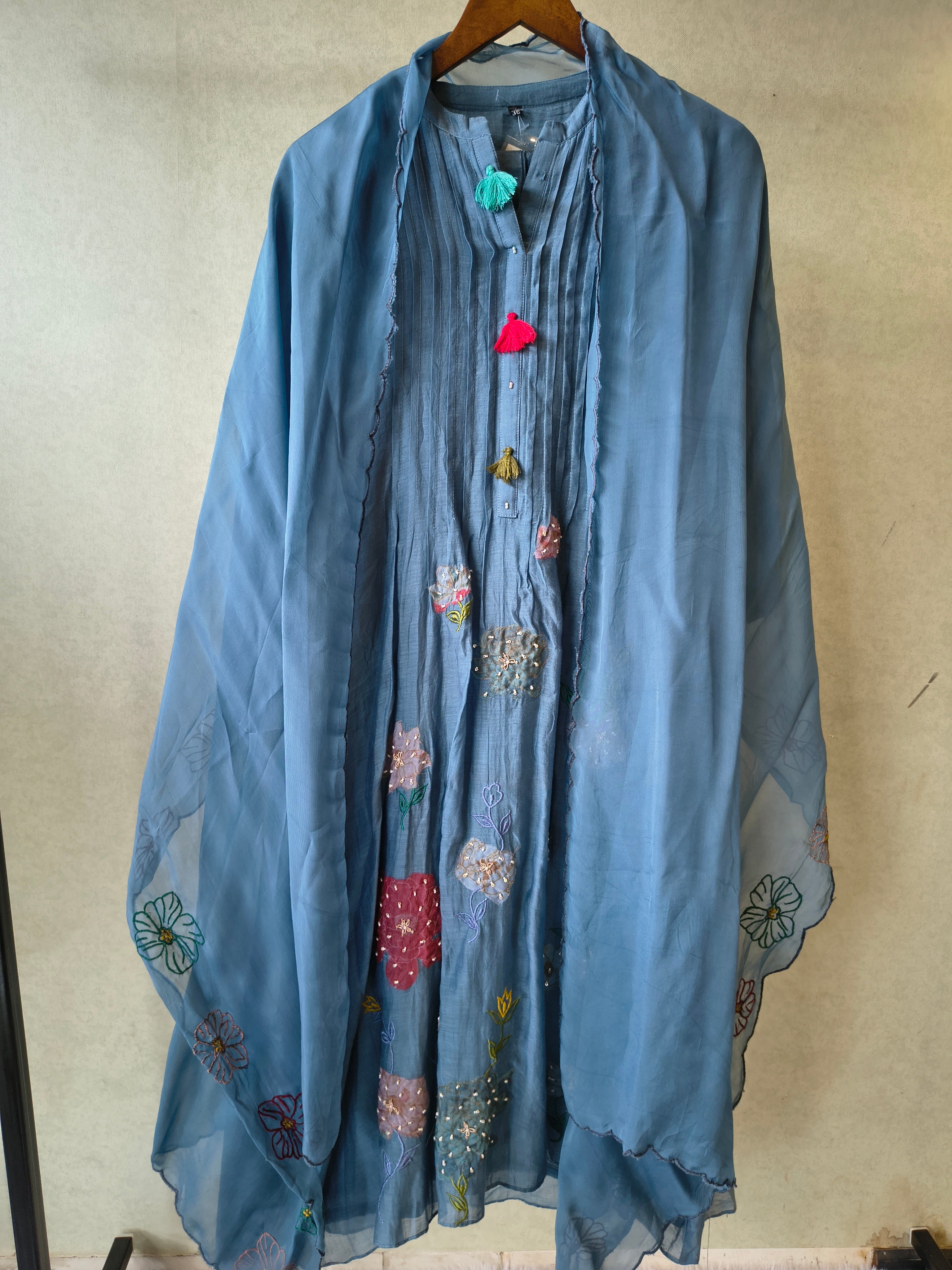 Image of Premium Steel Blue Embroidered Straight Kurta with Dhoti Pants & Embroidered Organza Dupatta Set