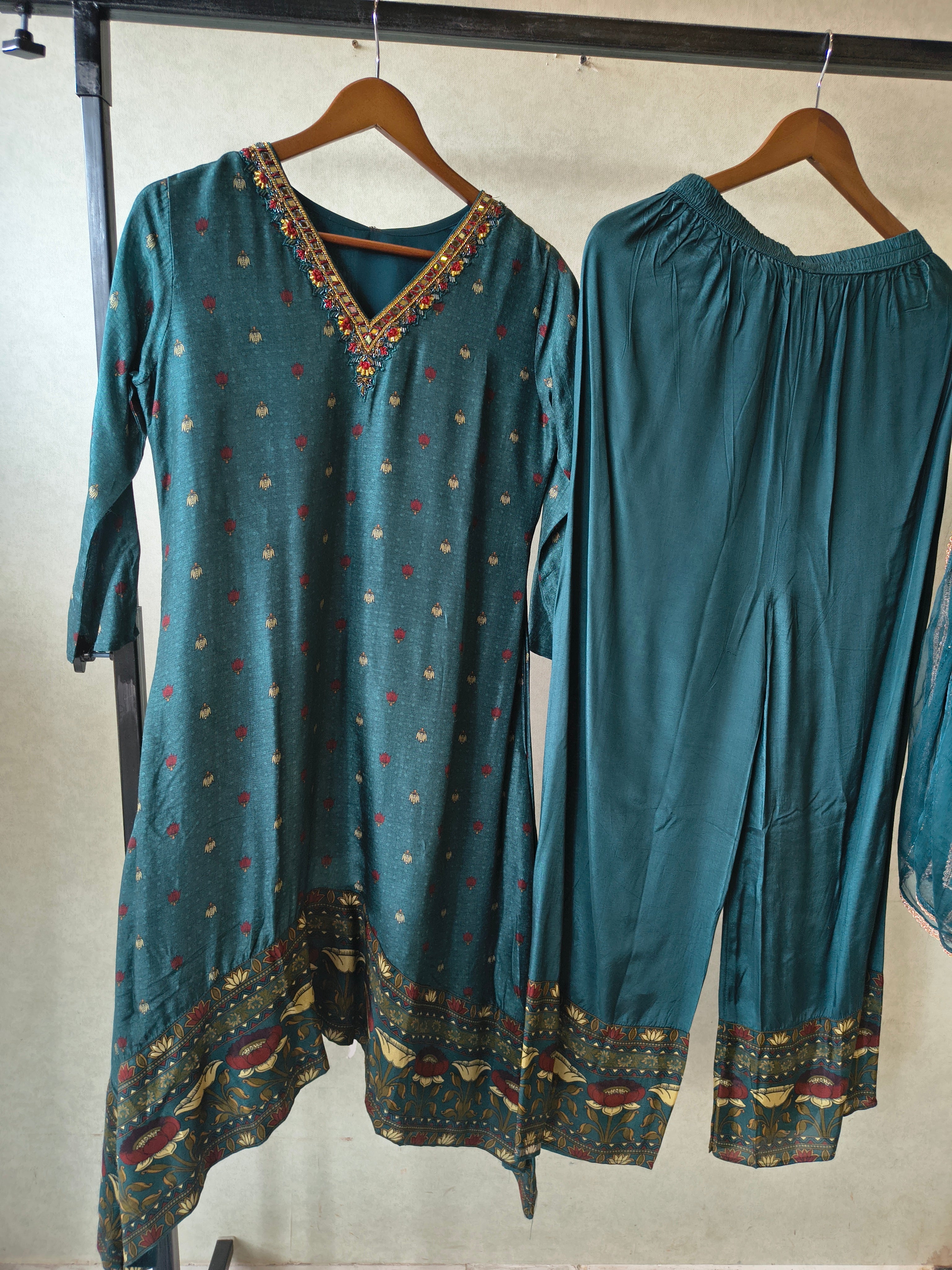 Image of Premium Teal Printed Straight Kurta with Palazzo & Dupatta Set