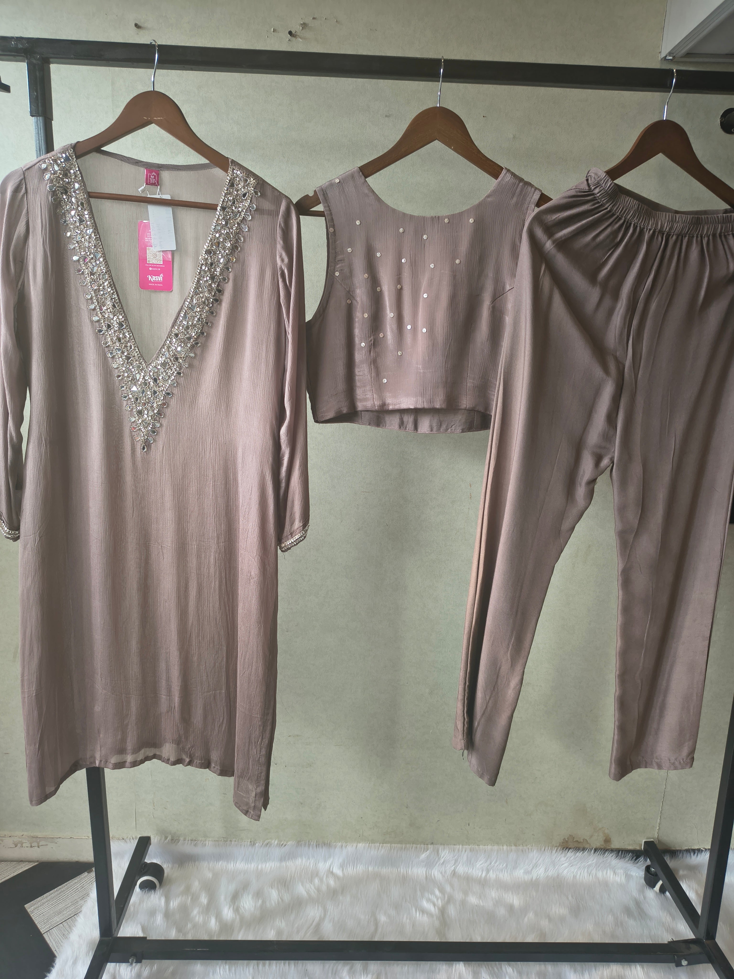 Image of Luxury Taupe Embellished Kurta with Sleeveless Blouse & Straight Pants – 3 Piece Designer Indo-Western Set