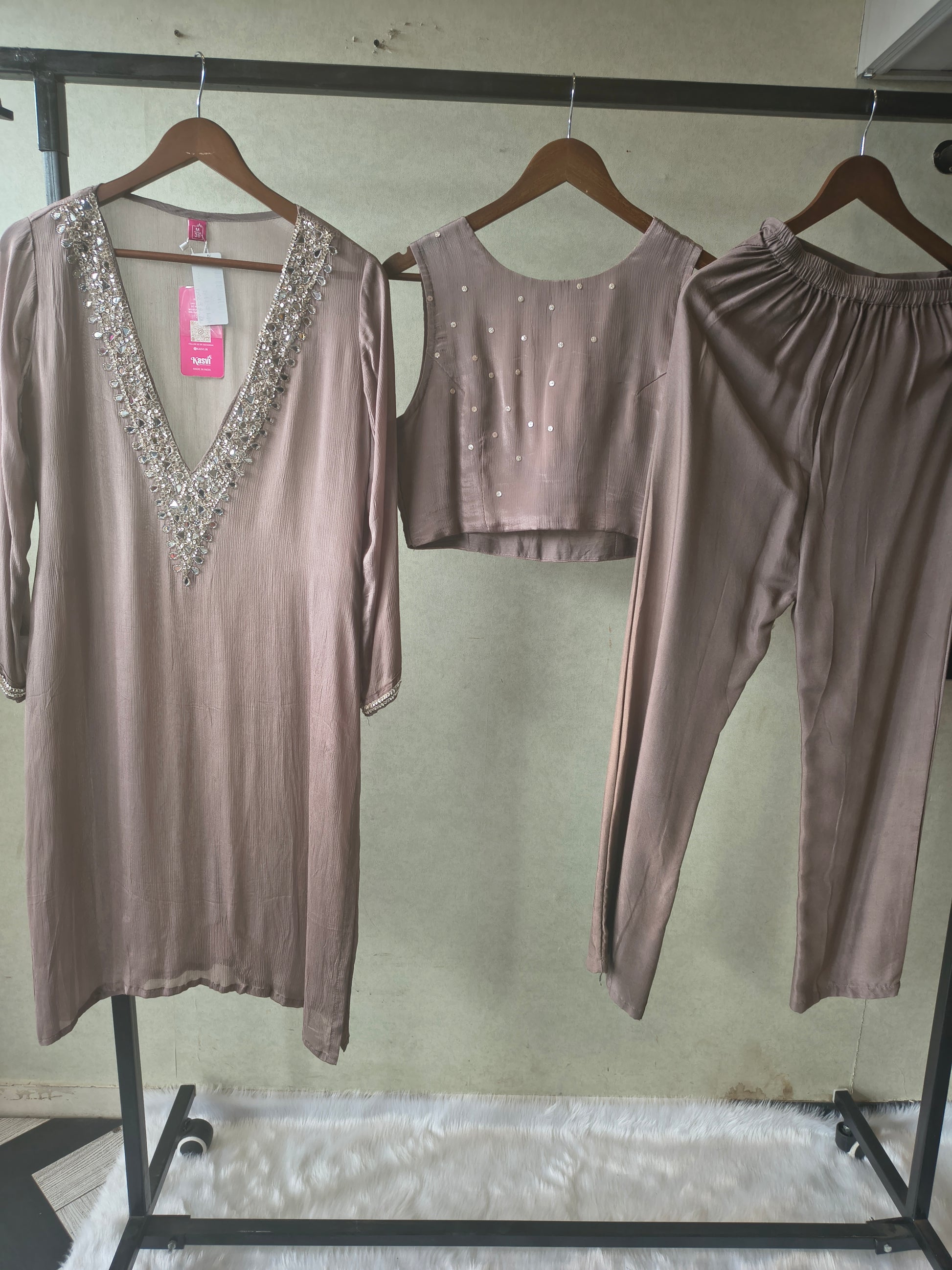 Luxury Taupe Embellished Kurta with Sleeveless Blouse & Straight Pants – 3 Piece Designer Indo-Western Set