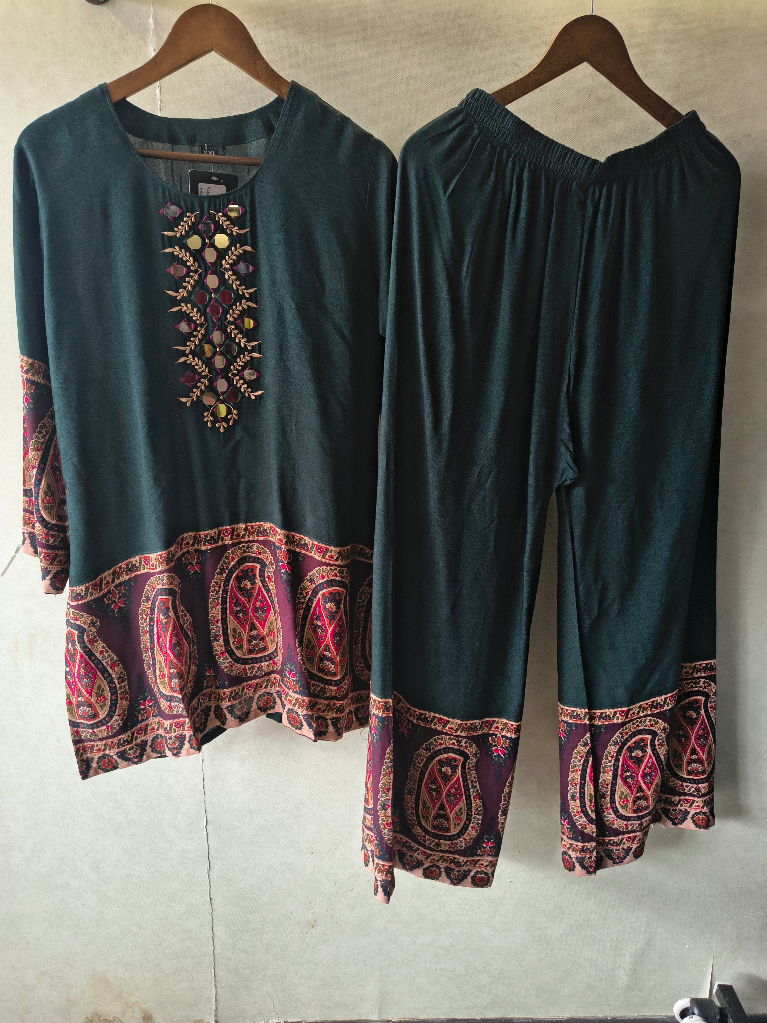 Image of Premium Teal Mirror Work Printed Kurta Pant Co-Ord Set
