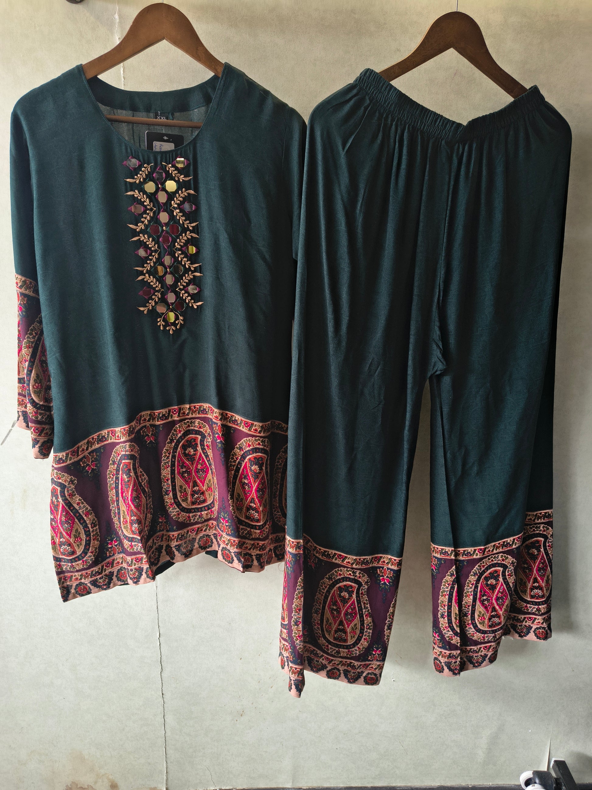 Premium Teal Mirror Work Printed Kurta Pant Co-Ord Set