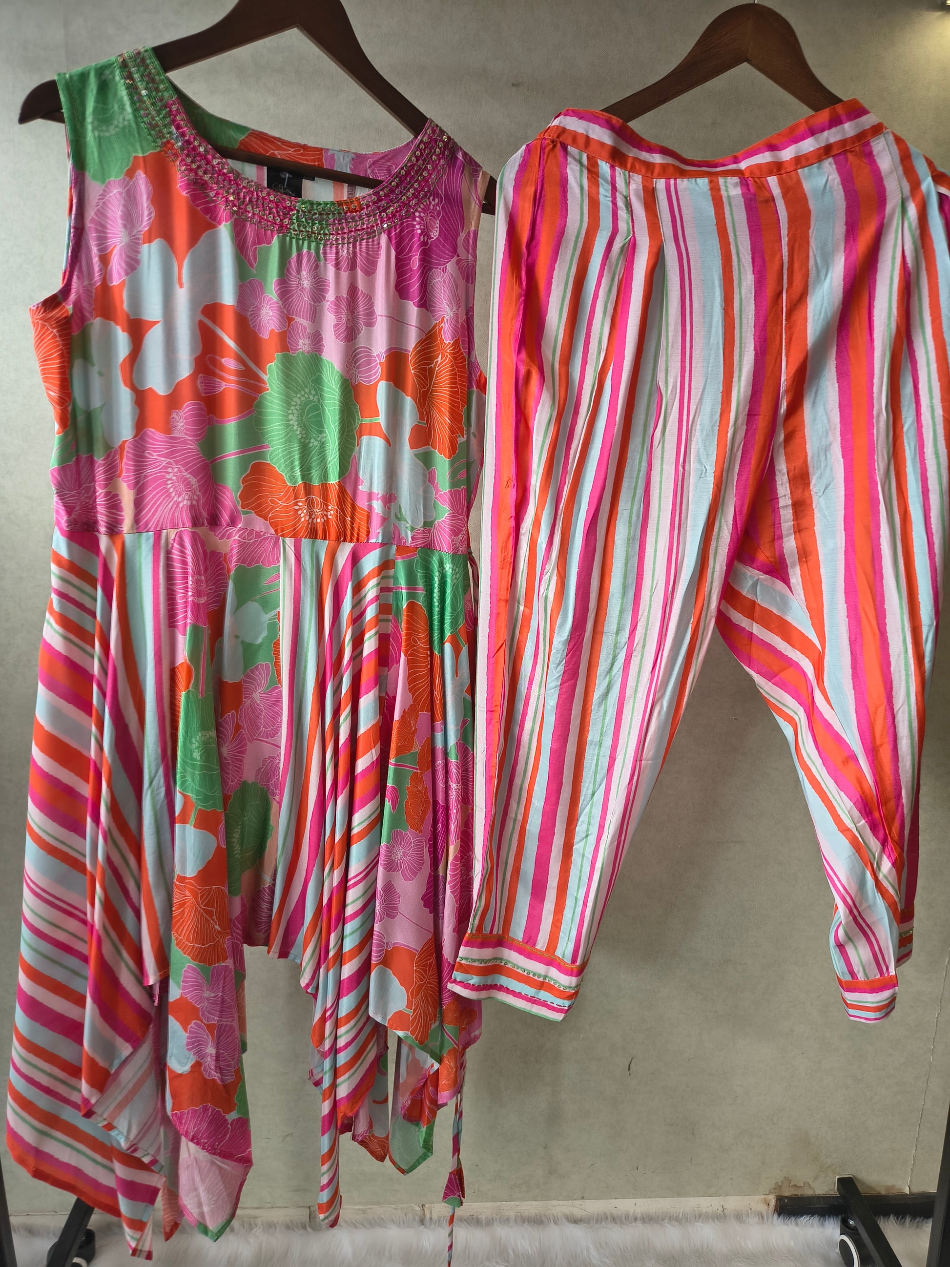 Premium Tropical Floral Handkerchief Kurta with Striped Tapered Pants Co-Ord Set