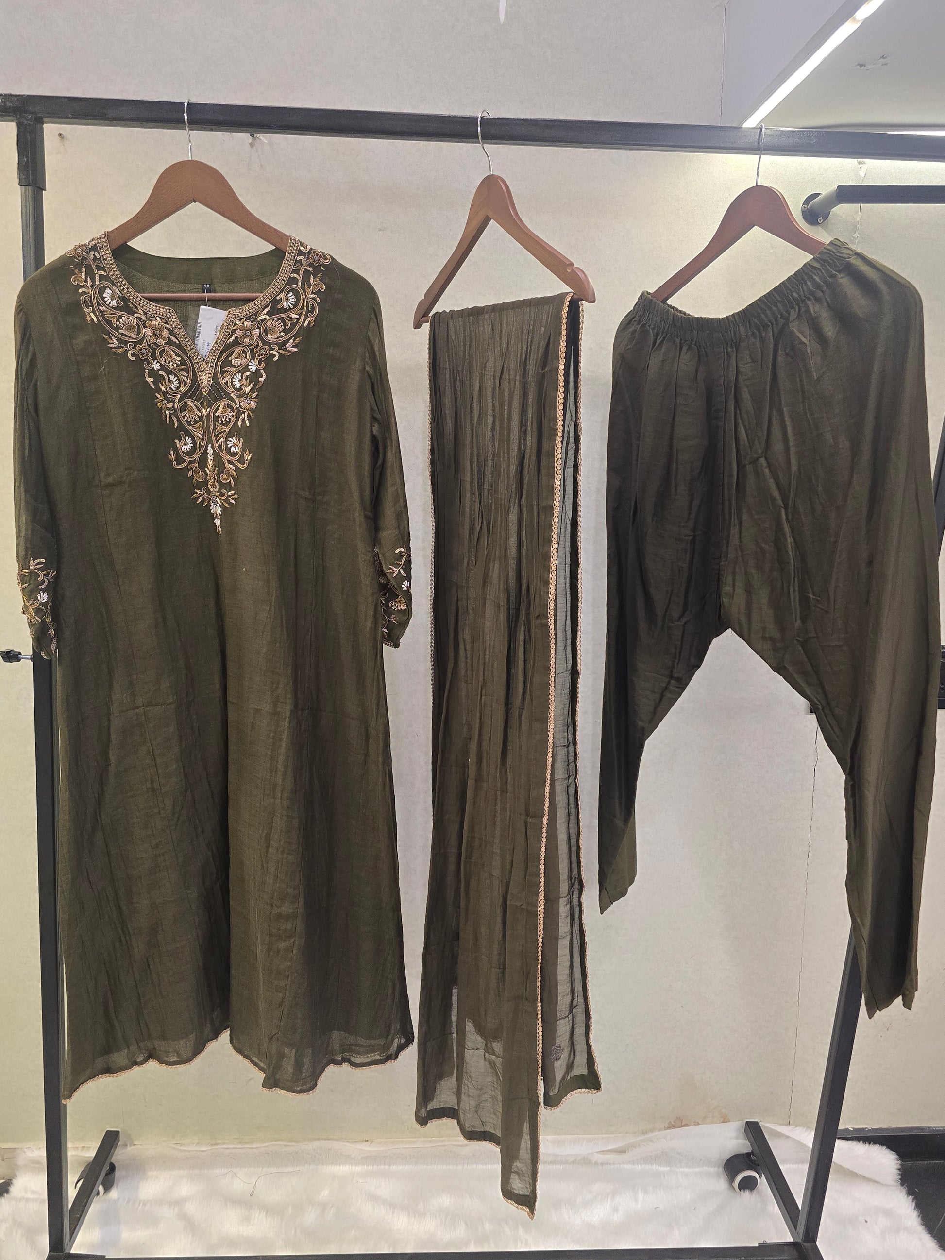 Olive Green Designer Embroidered Kurta Set with Chiffon Dupatta | Premium 3 Piece Ethnic Suit