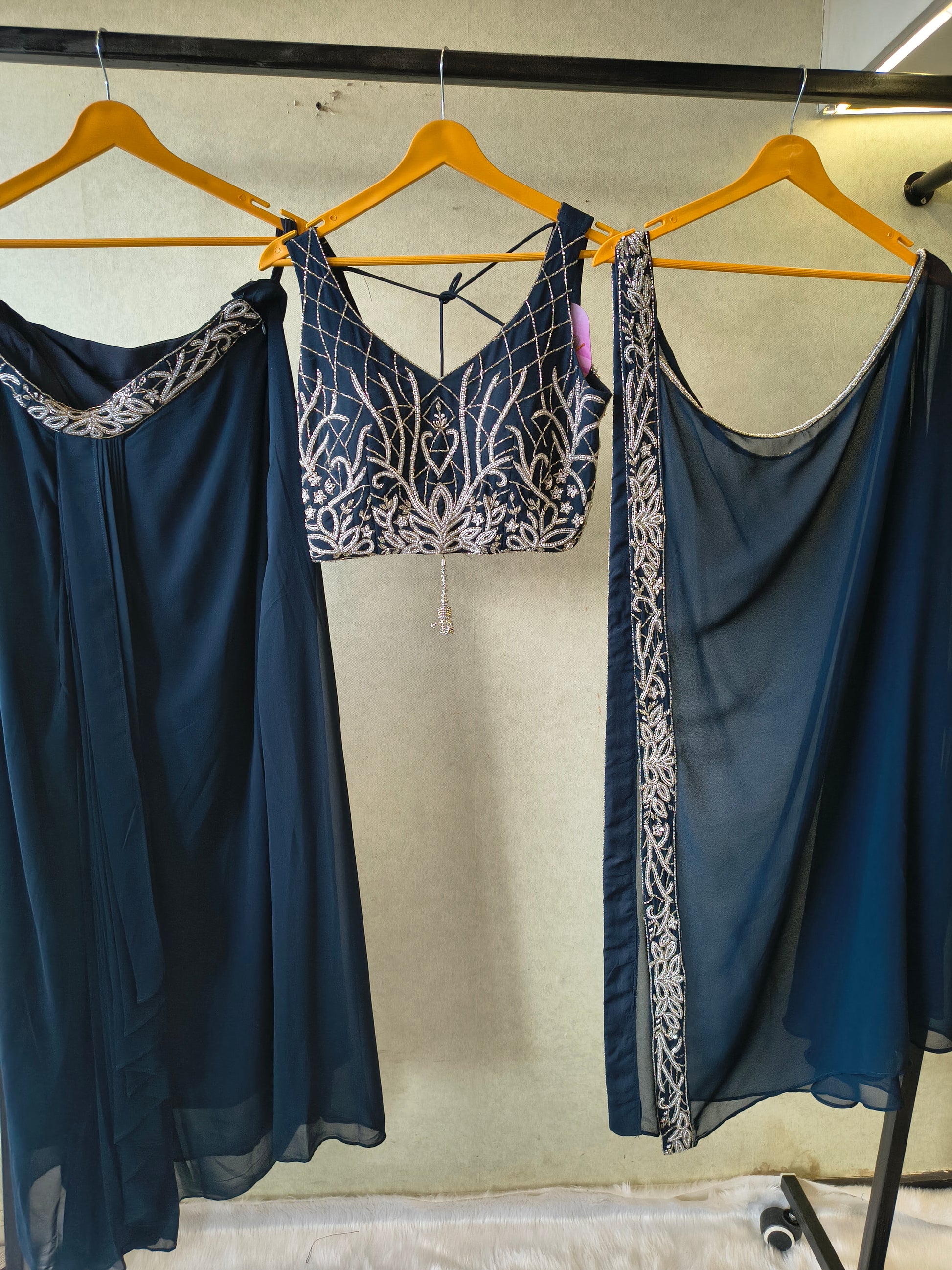 Midnight Navy Embroidered Designer Blouse with Flared Palazzo & Embroidered Dupatta – 3 Piece Festive Indo-Western Set
