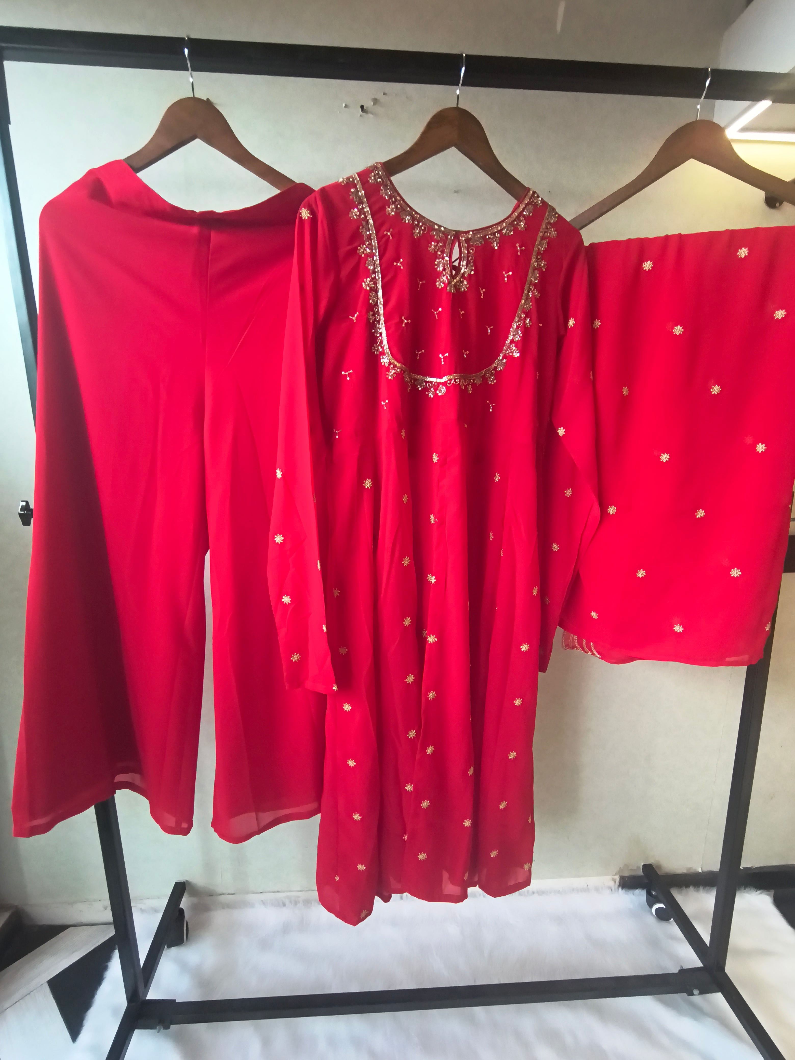 Image of Premium Ruby Red Embroidered Kurta with Sharara & Embellished Dupatta Set