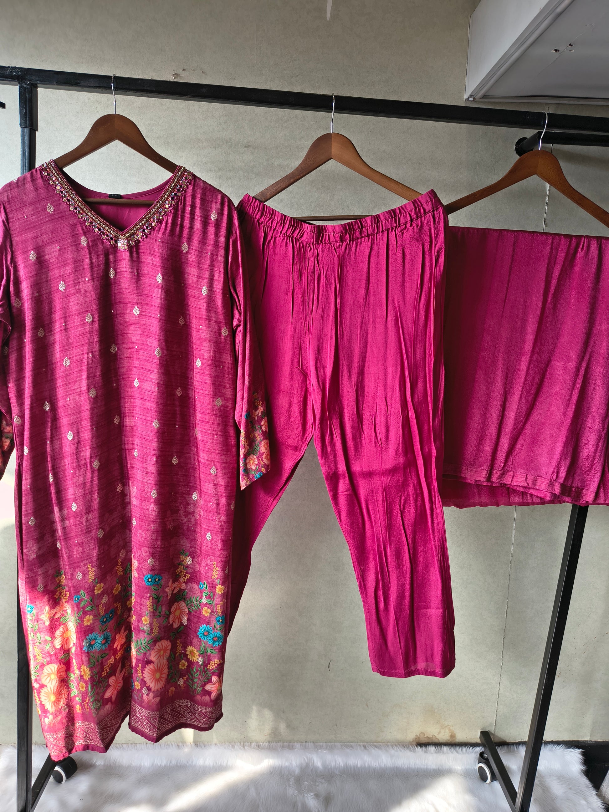 Premium Magenta Floral Printed Kurta Set with Solid Pants & Dupatta