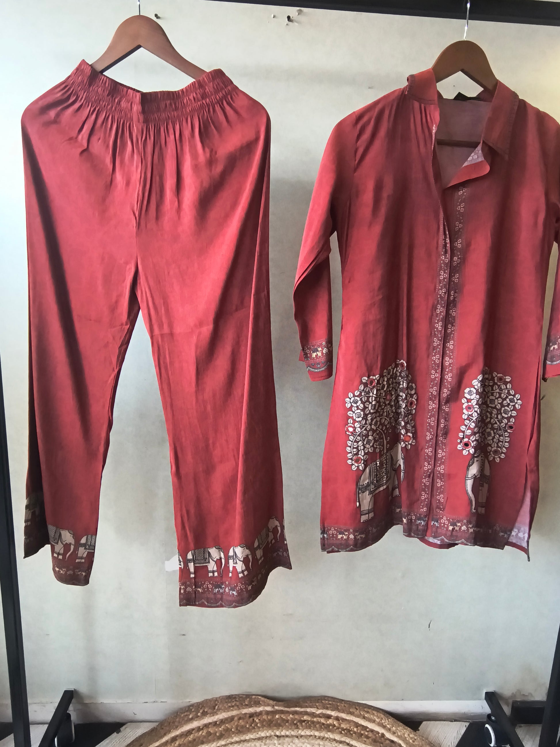 Rust Red Elephant Print Designer Co-Ord Set with Asymmetrical Hem