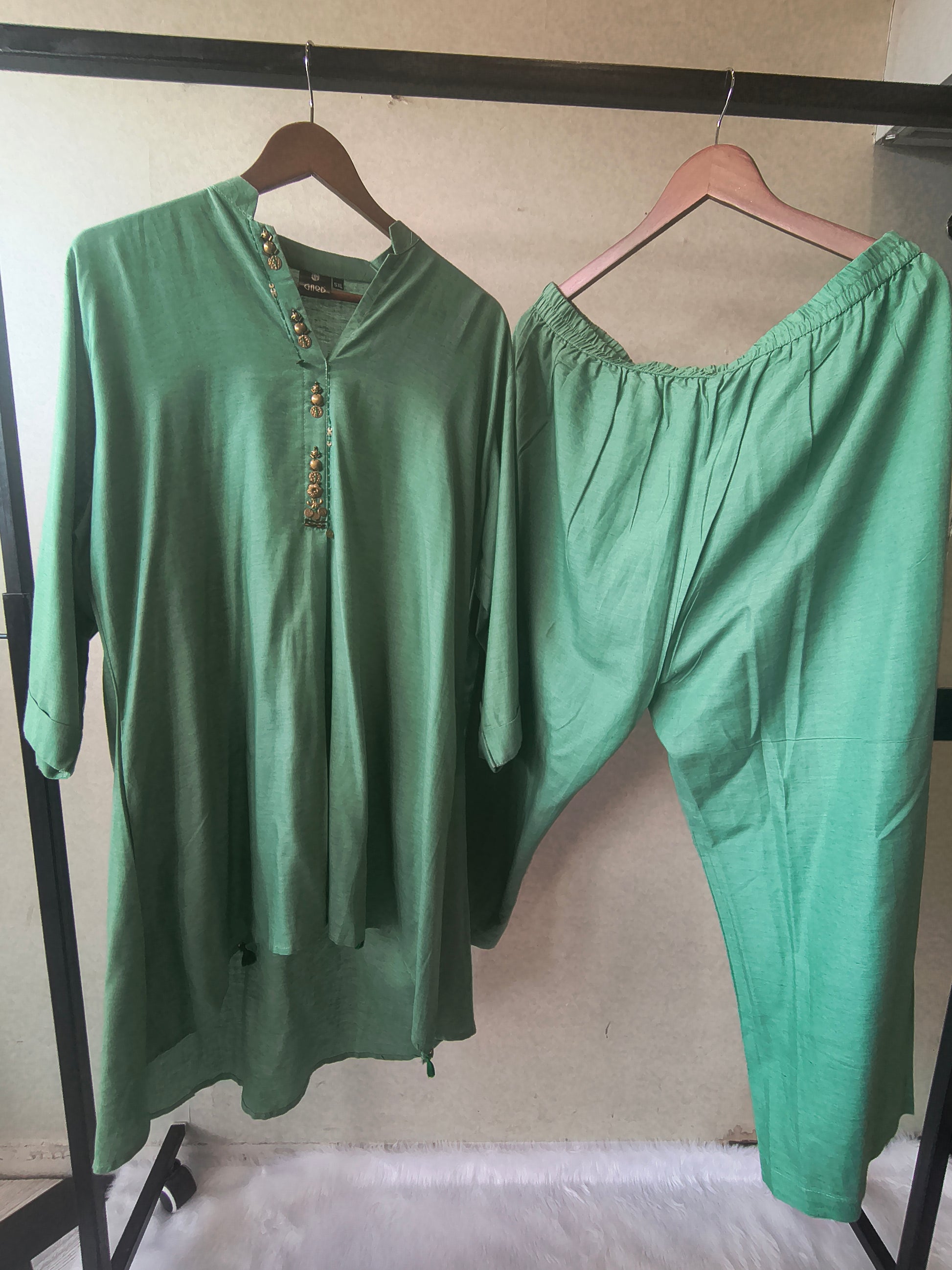 Premium Sage Green Designer Co-Ord Kurta Set with Antique Button Detailing