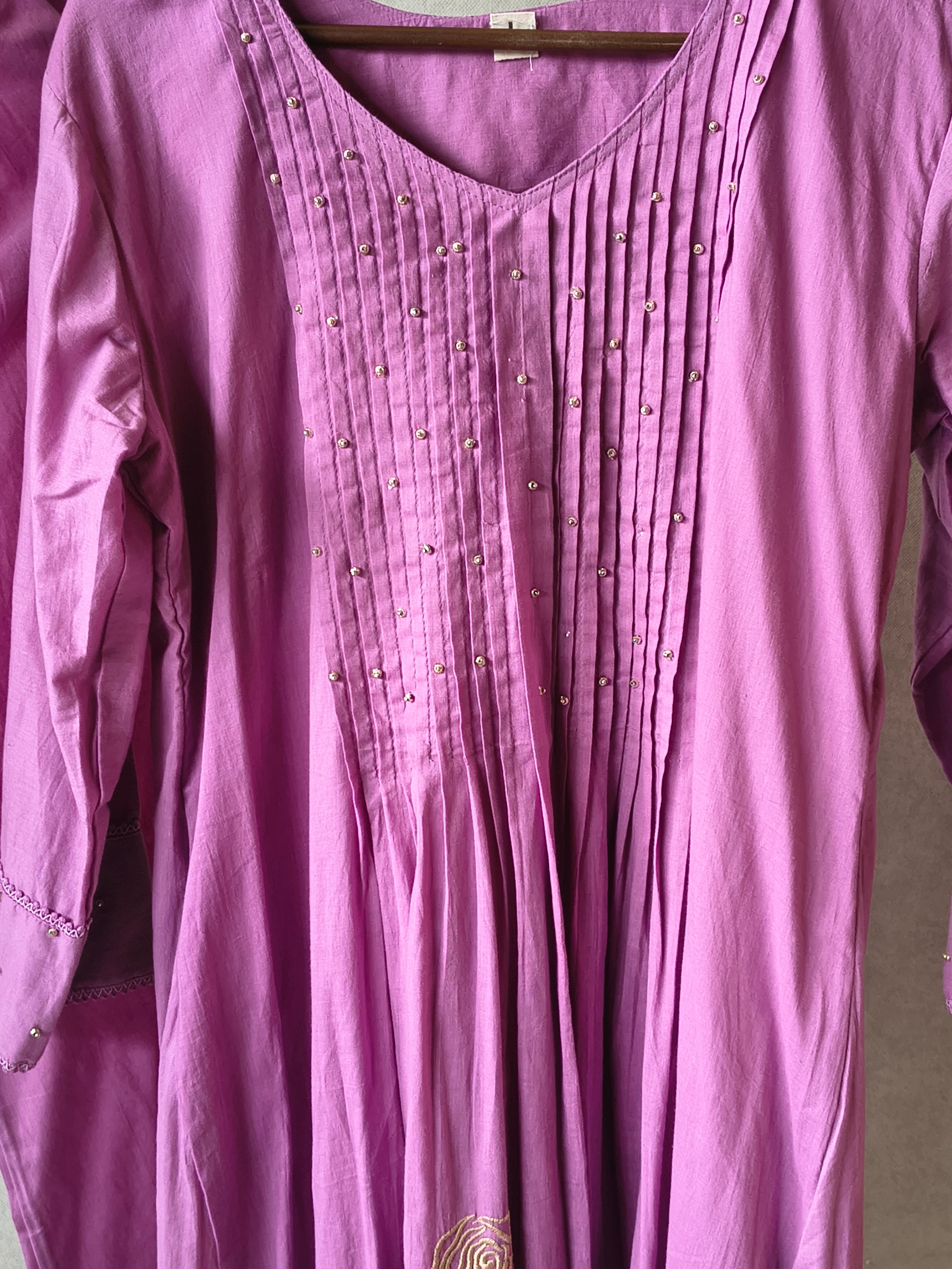 Image of Dusty Mauve Cotton Blend 3-Piece Suit Set with Pintuck Detailing & Delicate Floral Embroidery