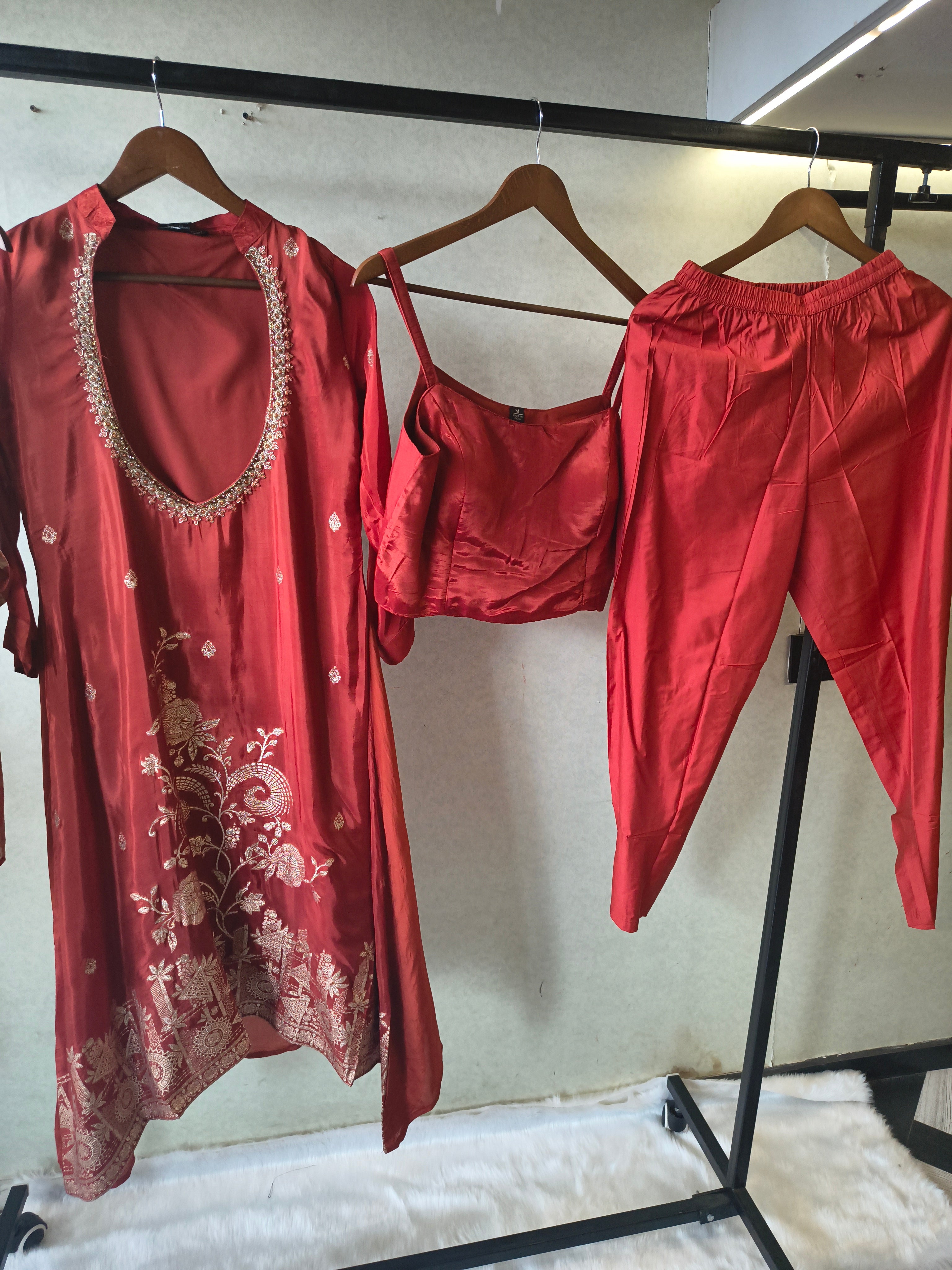 Image of Ruby Red Embroidered Asymmetrical Kurta with Inner, Cigarette Pants & Striped Dupatta – 4 Piece Designer Indo-Western Set