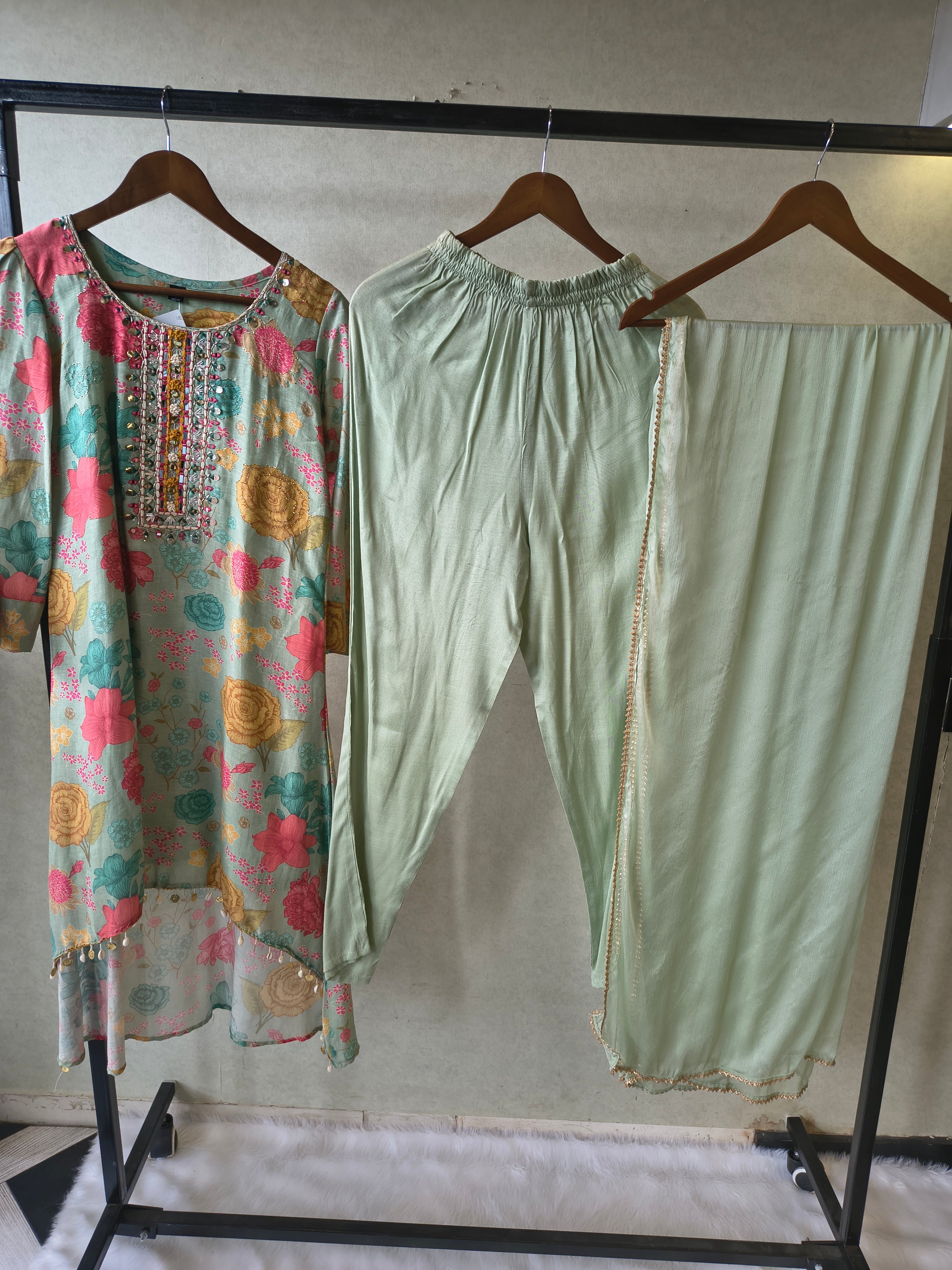 Image of Premium Mint Green Floral Printed Kurta Set with Embellished Neckline & Dupatta