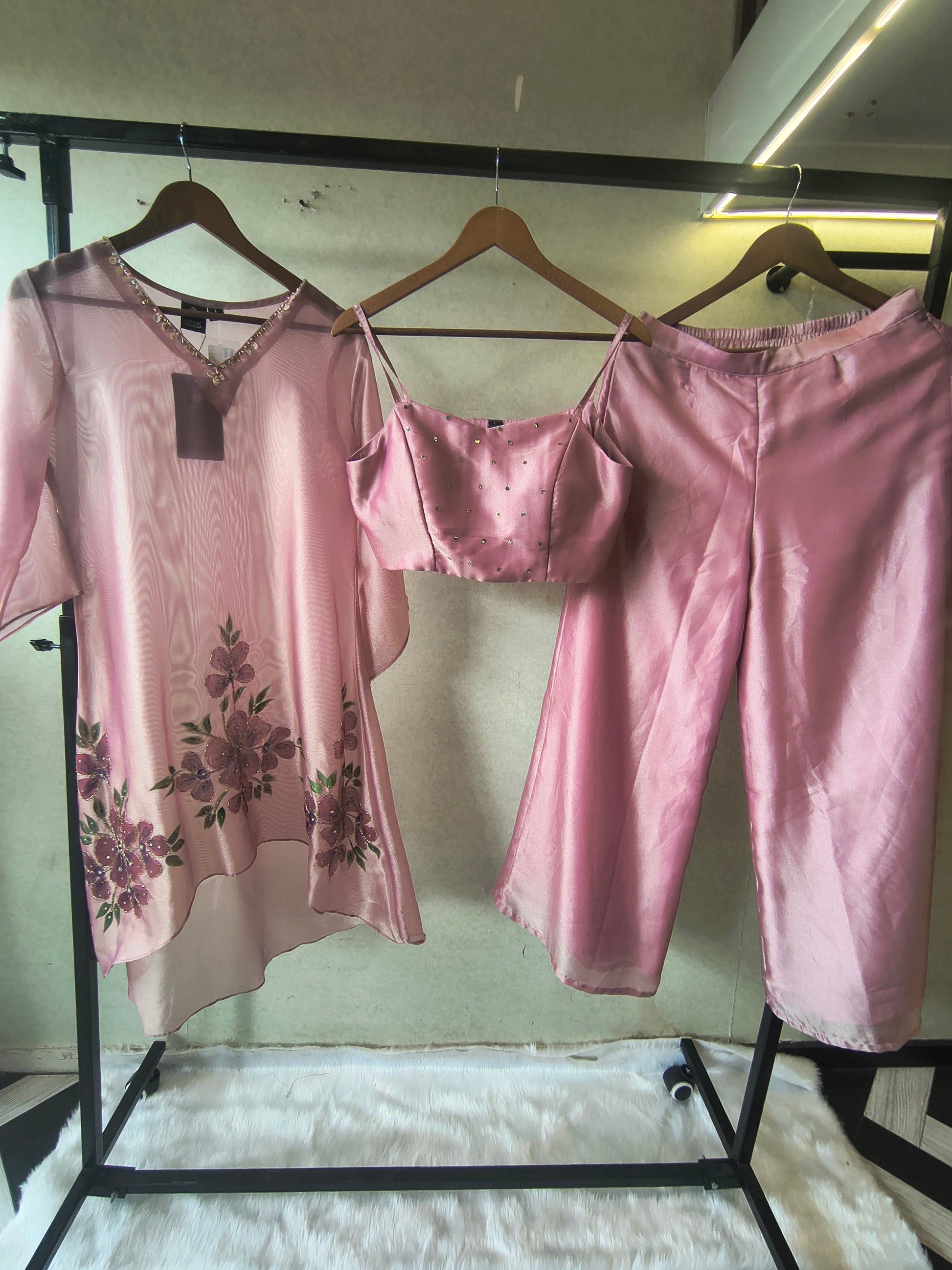 Blush Pink Floral Embroidered Kaftan Co-ord Set with Hand-Painted Cape, Embellished Blouse & Palazzo