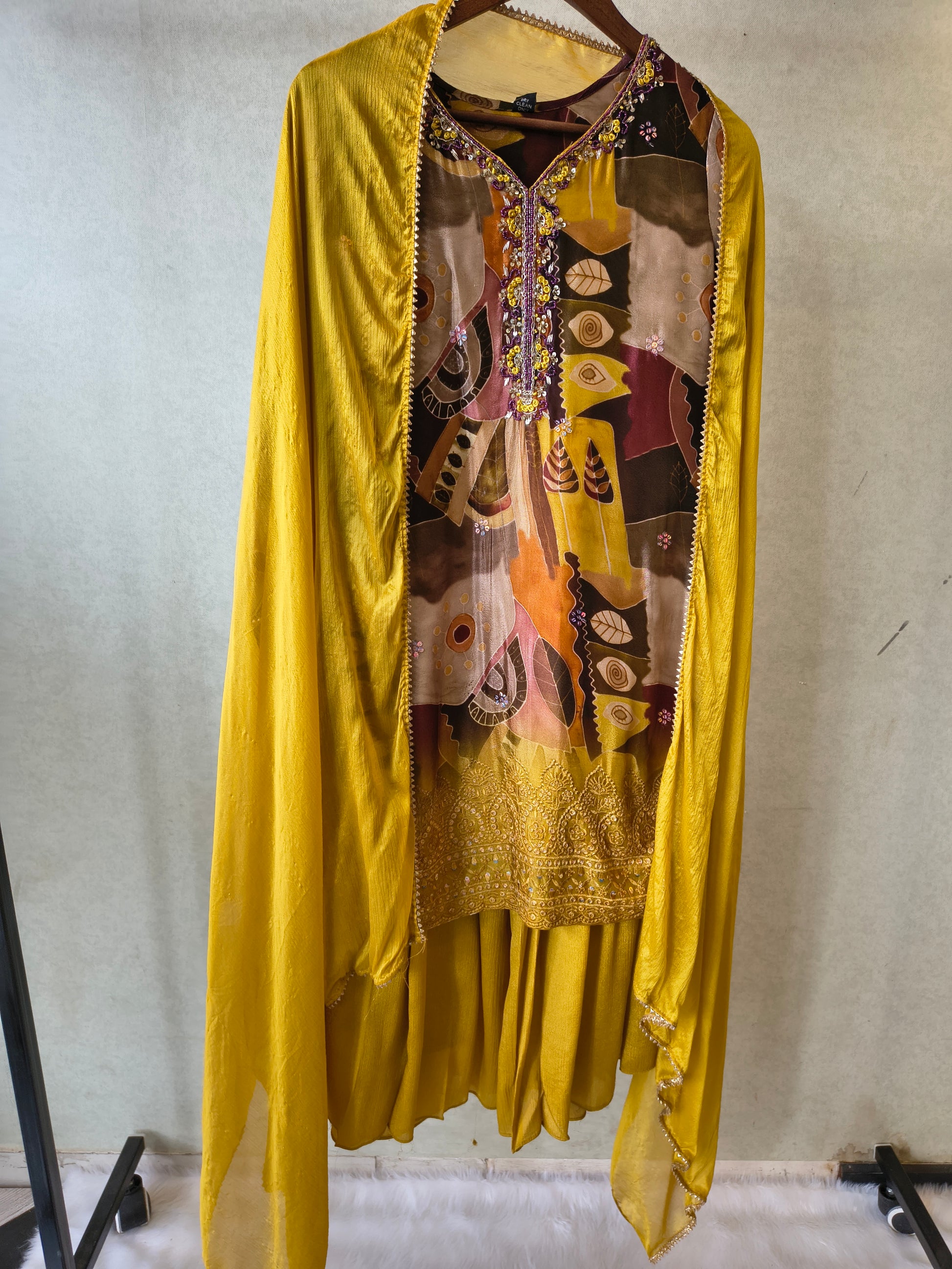 Premium Mustard Abstract Printed Kurta with Sharara & Dupatta Set