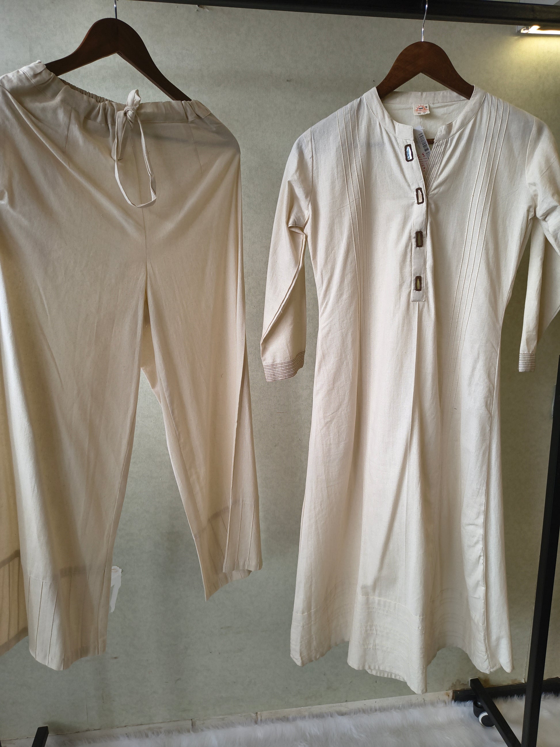 Premium Off-White Cotton A-Line Kurta & Pant Co-Ord Set with Pintuck Detailing
