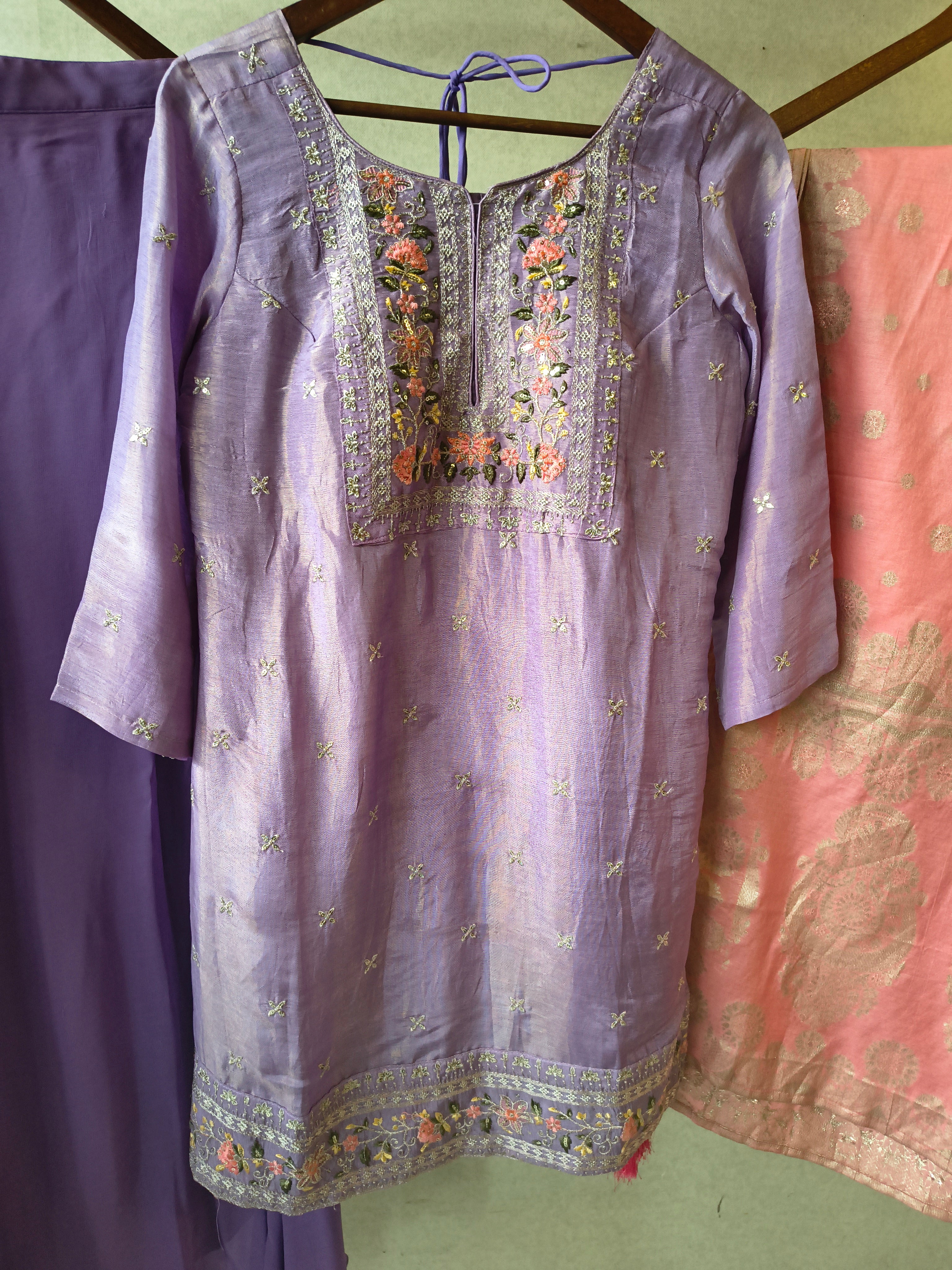 Image of Premium Lavender Embroidered Kurta with Sharara & Banarasi Dupatta Set