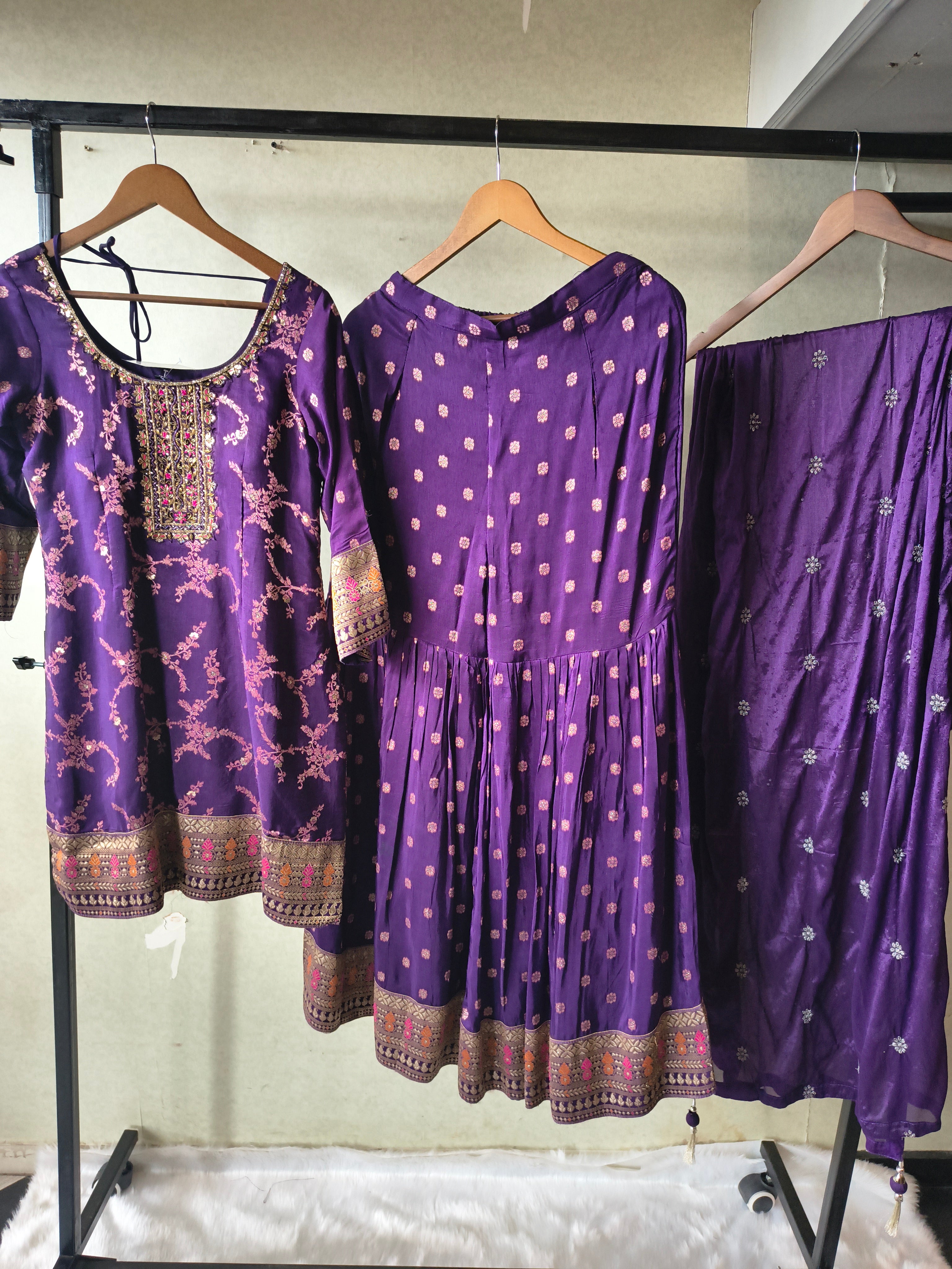 Image of Royal Purple Embroidered Peplum Sharara Set with Banarasi Border & Dupatta – Premium 3 Piece Festive Ensemble
