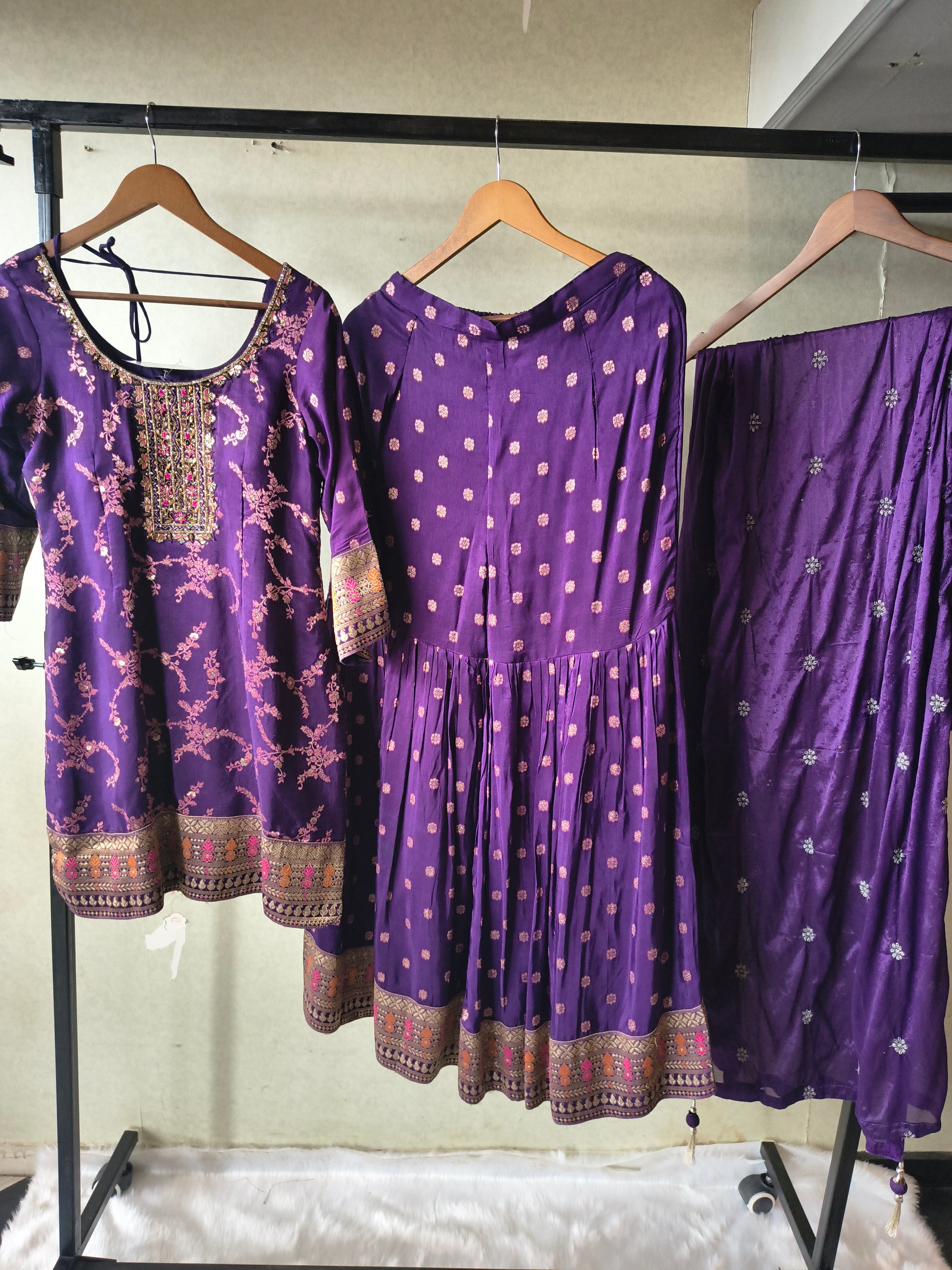 Royal Purple Embroidered Peplum Sharara Set with Banarasi Border & Dupatta – Premium 3 Piece Festive Ensemble
