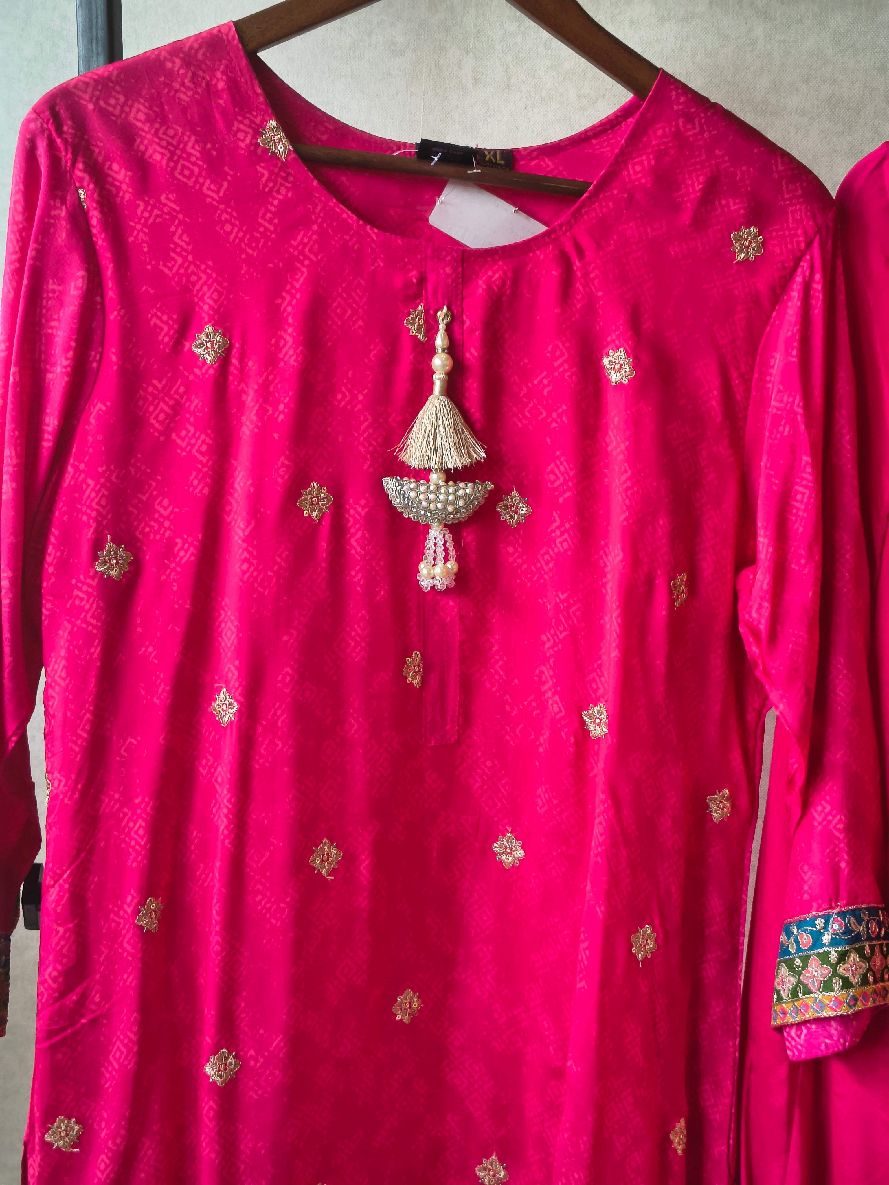 Image of Premium Rani Pink Printed Straight Kurta with Cigarette Pants & Dupatta Set