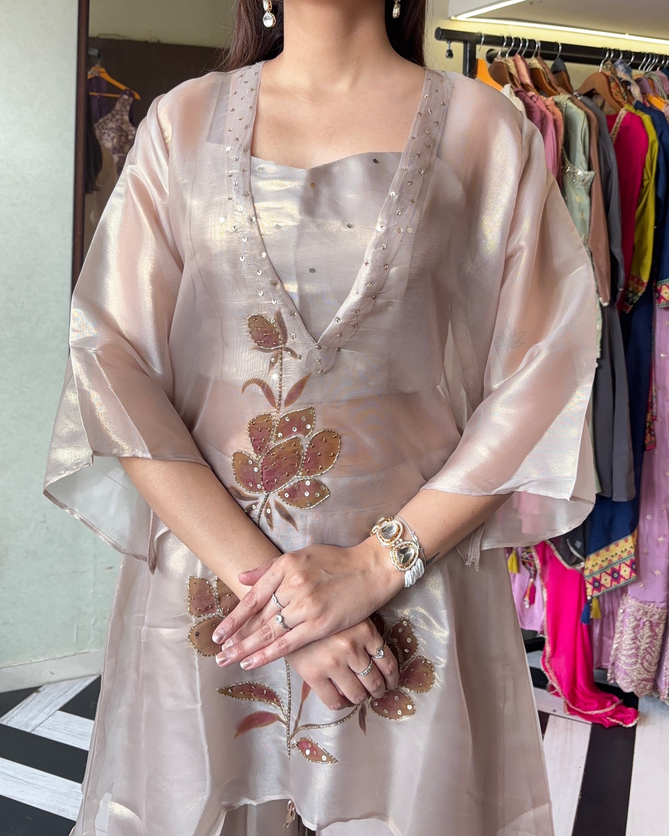 Image of Pure Tissue Shimmer 3 Piece Fusion Indian Coord Set