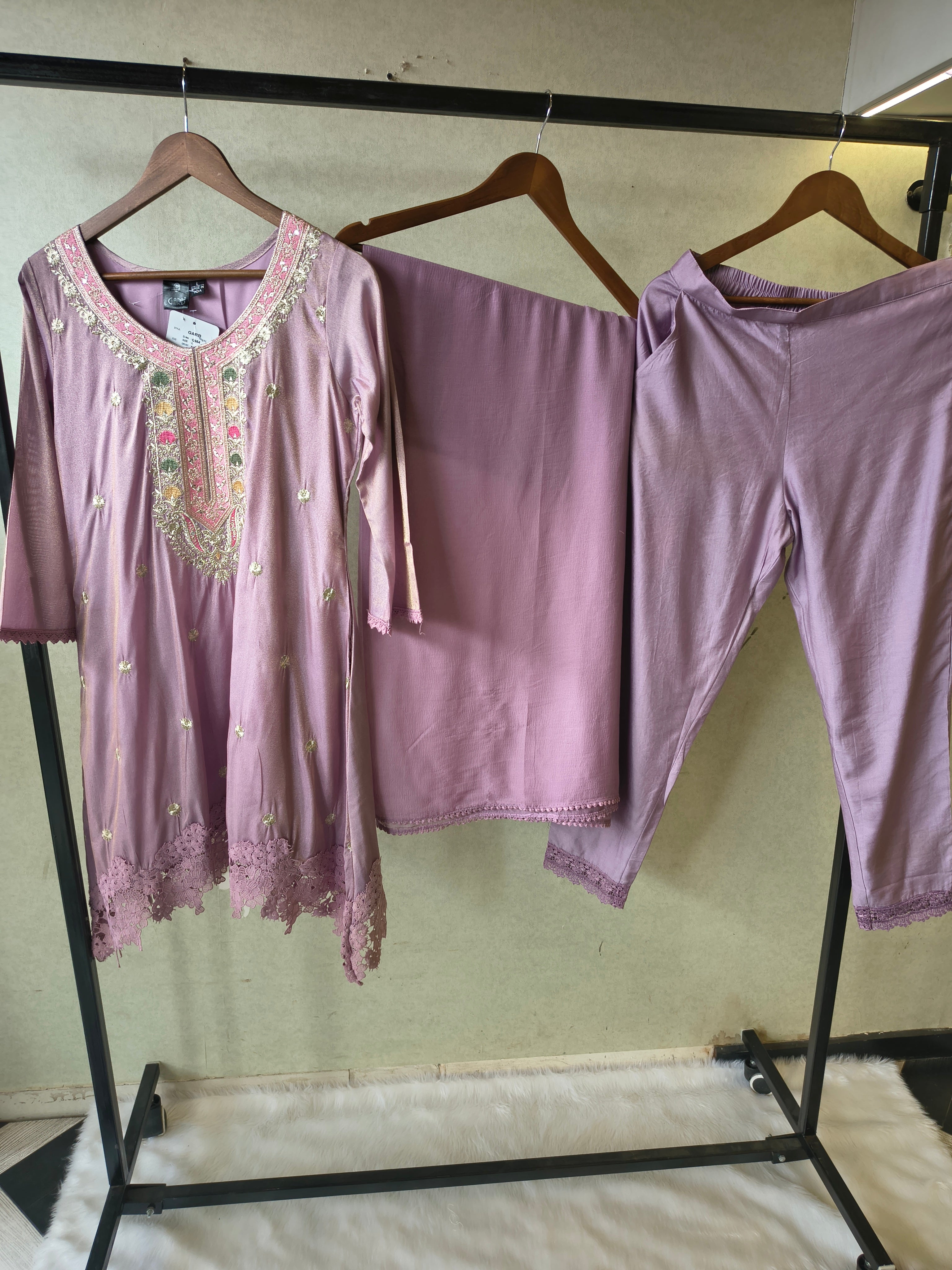 Image of Premium Dusty Lilac Embroidered Kurta Set with Lace Hem & Dupatta