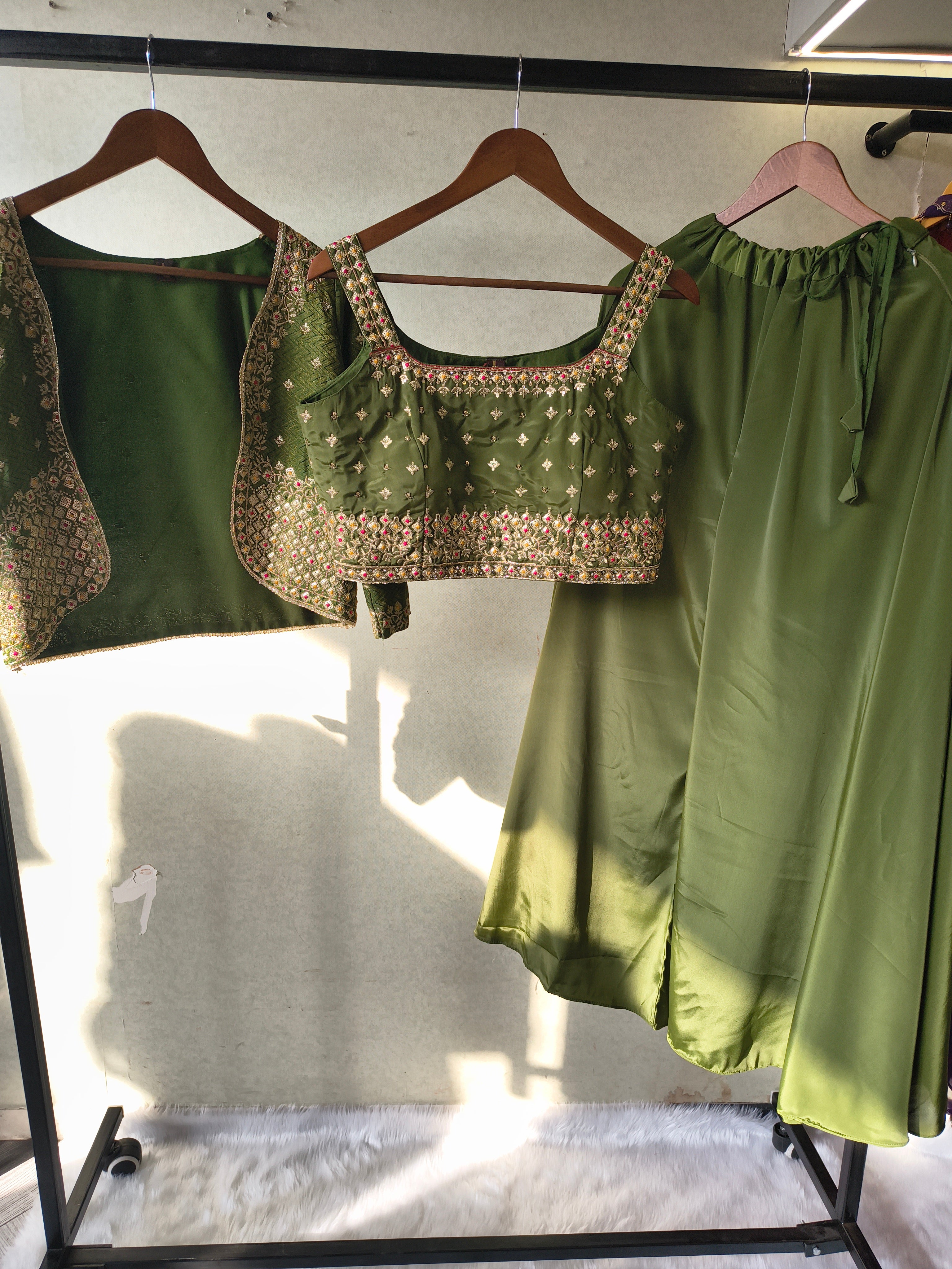 Image of Luxury Olive Green Embellished Blouse with Embroidered Jacket & Flared Palazzo – 3 Piece Designer Indo-Western Set