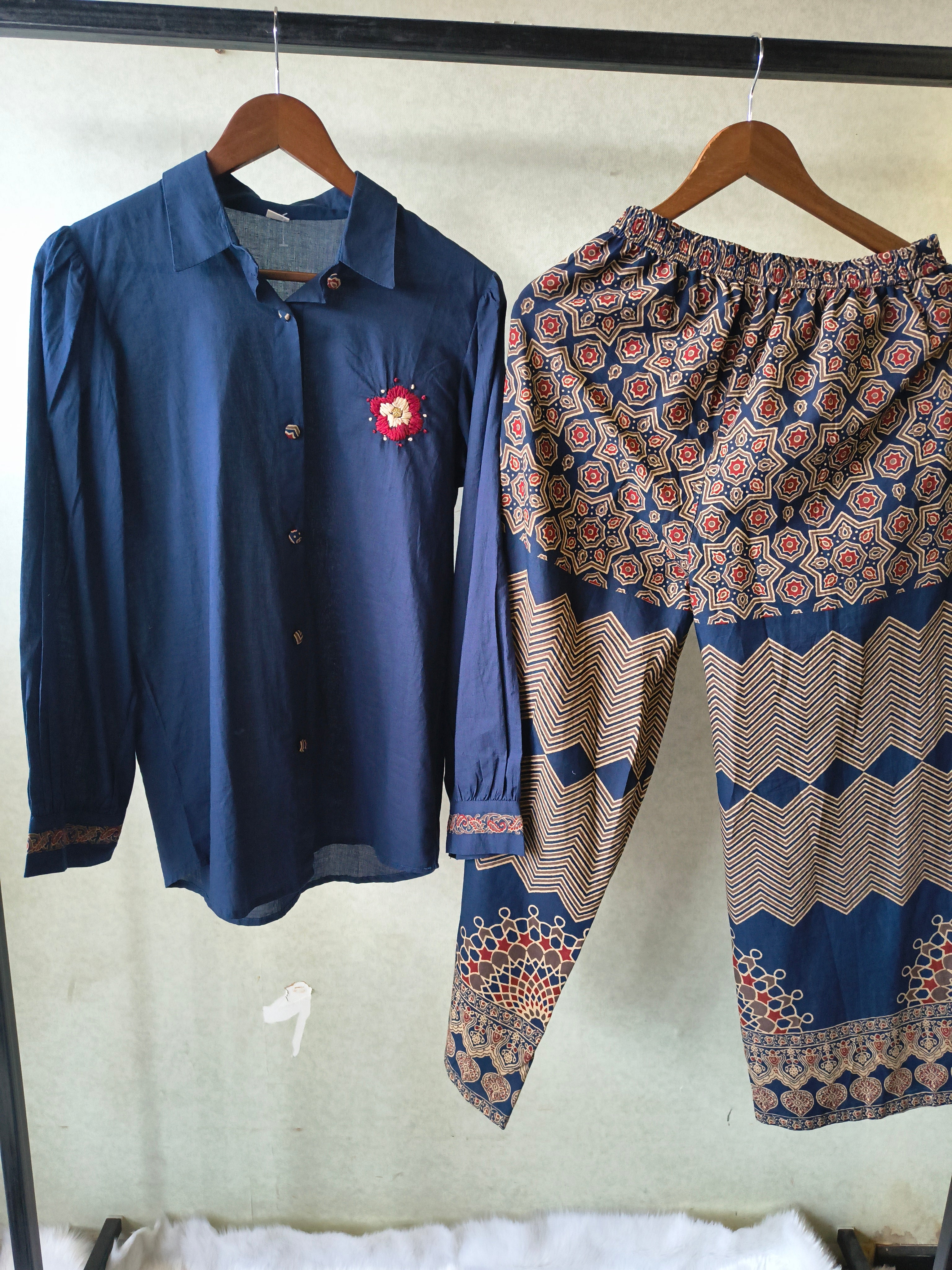 Image of Navy Blue Designer Shirt Co-Ord Set with Statement Printed Palazzo Pants