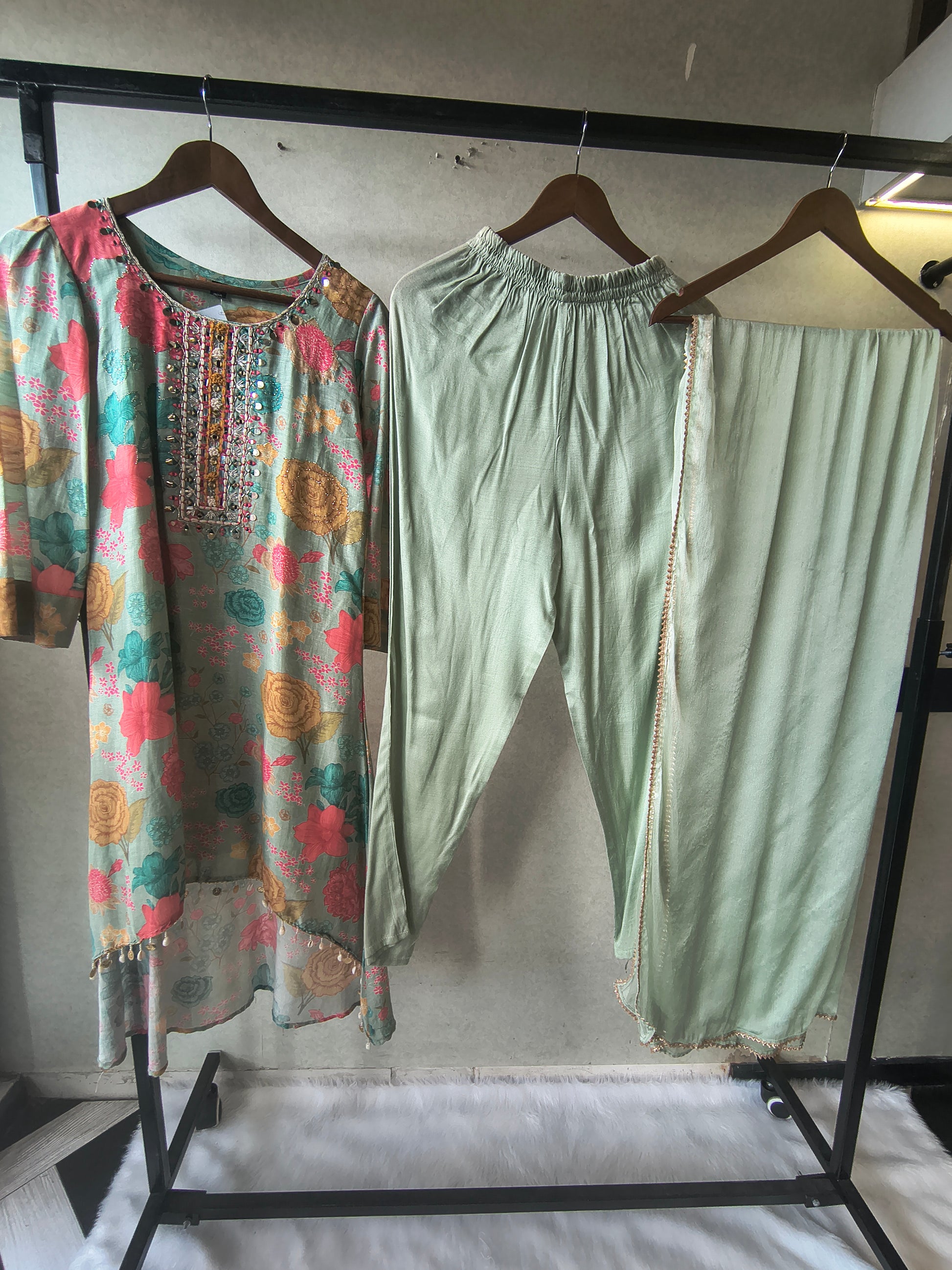 Premium Mint Green Floral Printed Kurta Set with Embellished Neckline & Dupatta
