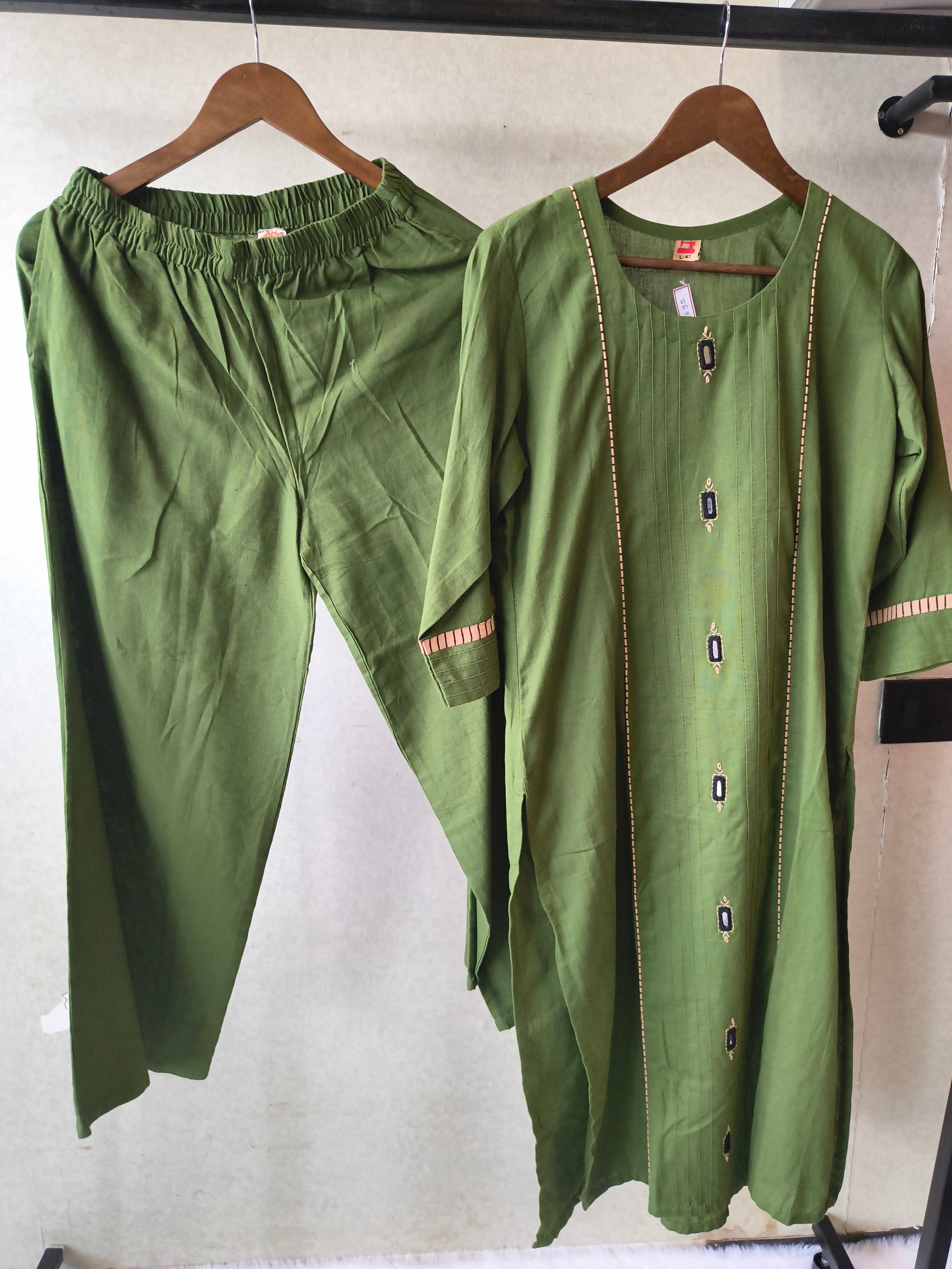 Image of Tadko Premium Olive Green Straight Kurta Co-Ord Set with Embellished Yoke