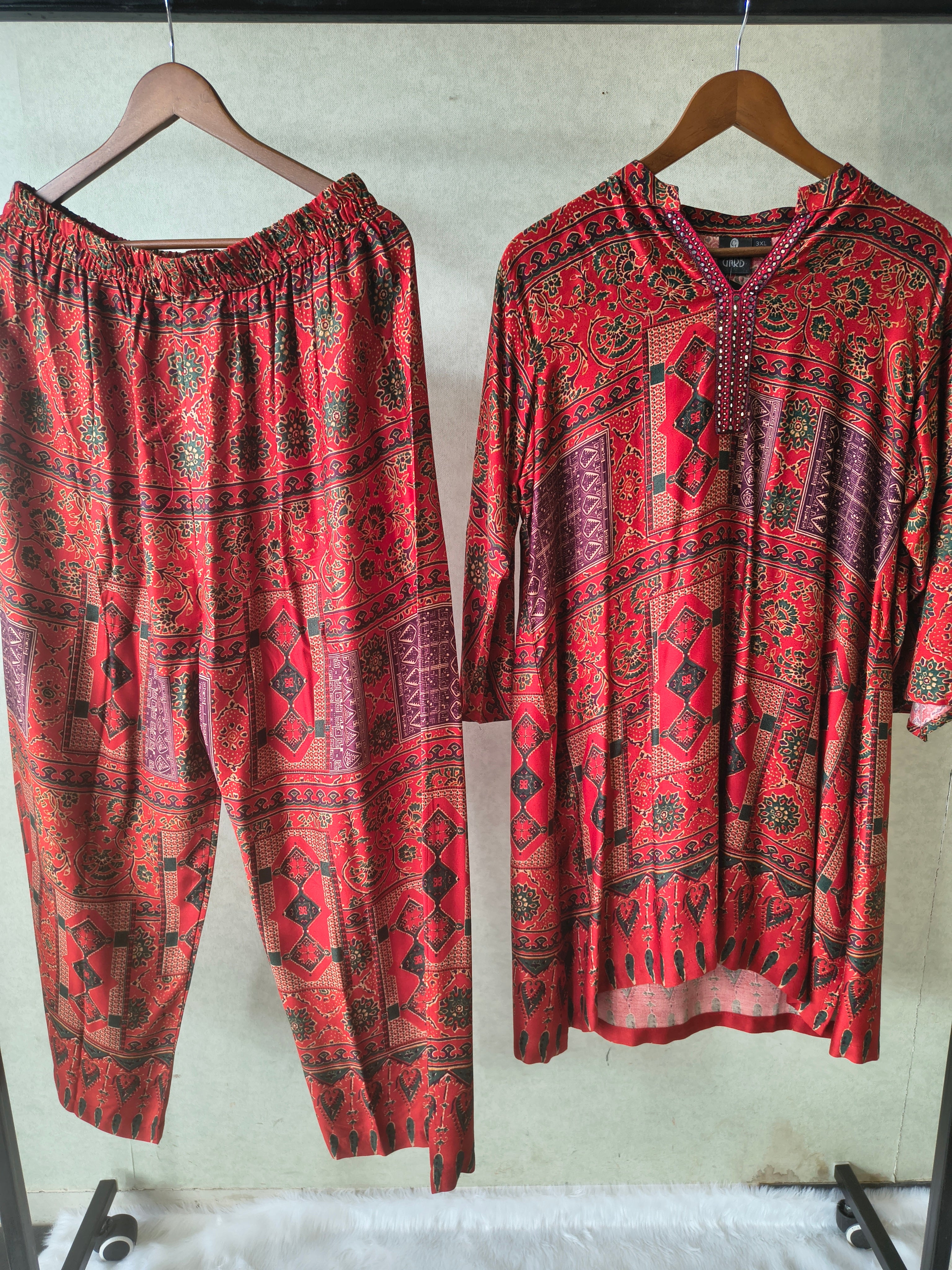 Image of Premium Rust Red Tribal Print Co-Ord Kurta Set with Straight Pants