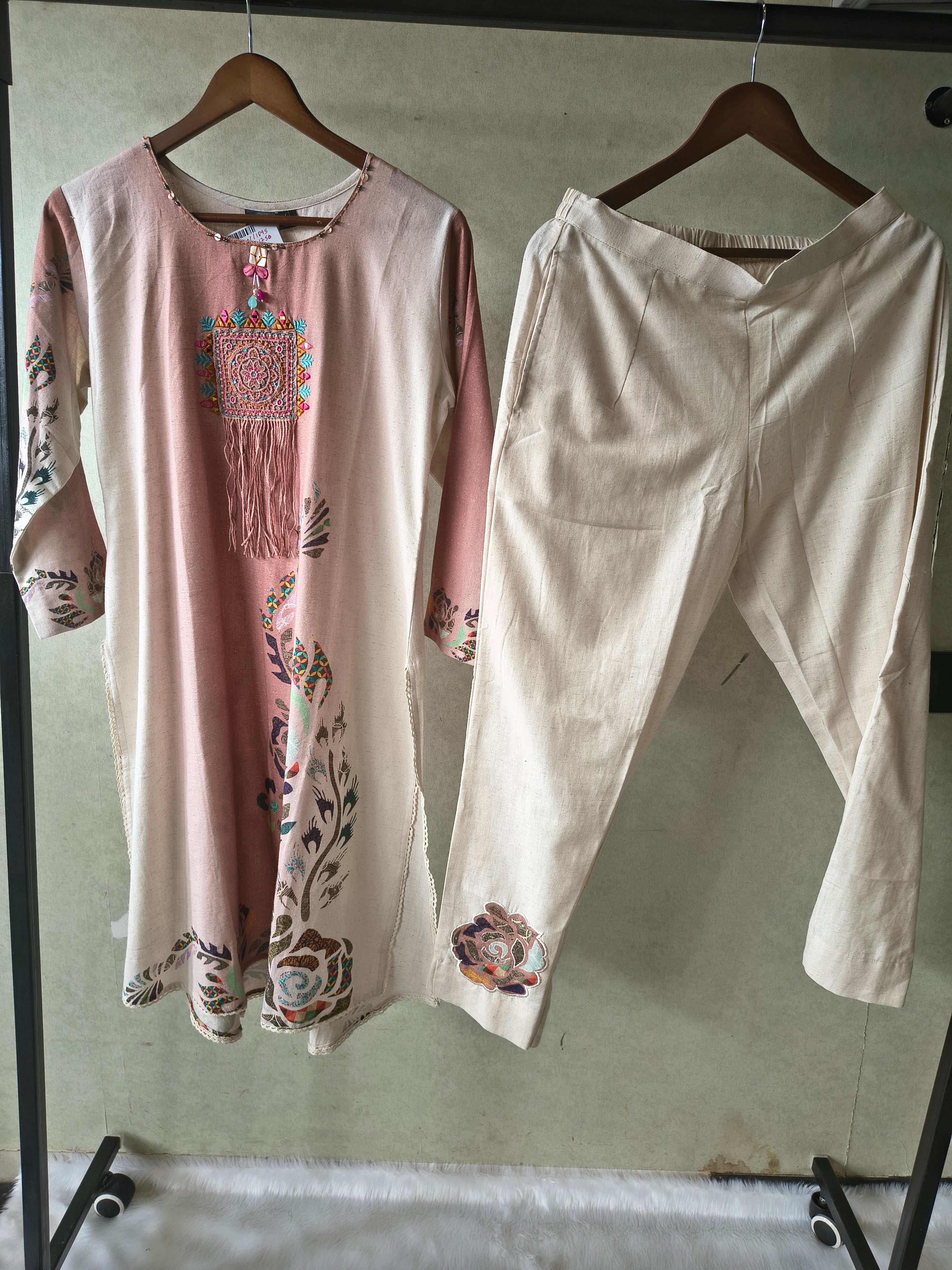 Image of Premium Blush Pink Linen Blend Kurta Set with Handcrafted Embroidered Tassel Patch & Embroidered Pants