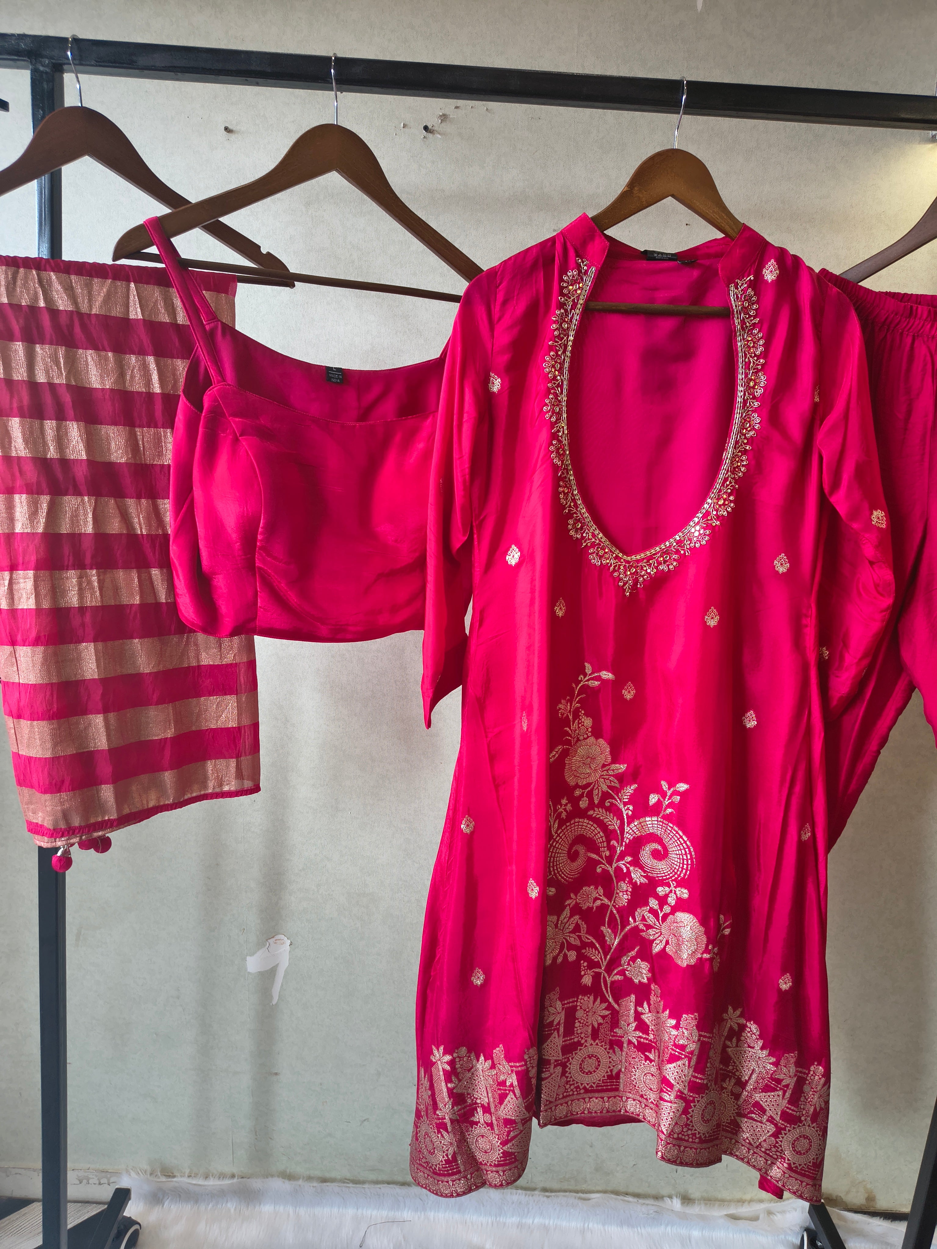 Image of Rani Pink Embroidered Asymmetrical Kurta with Inner, Cigarette Pants & Metallic Striped Dupatta – 4 Piece Designer Festive Set
