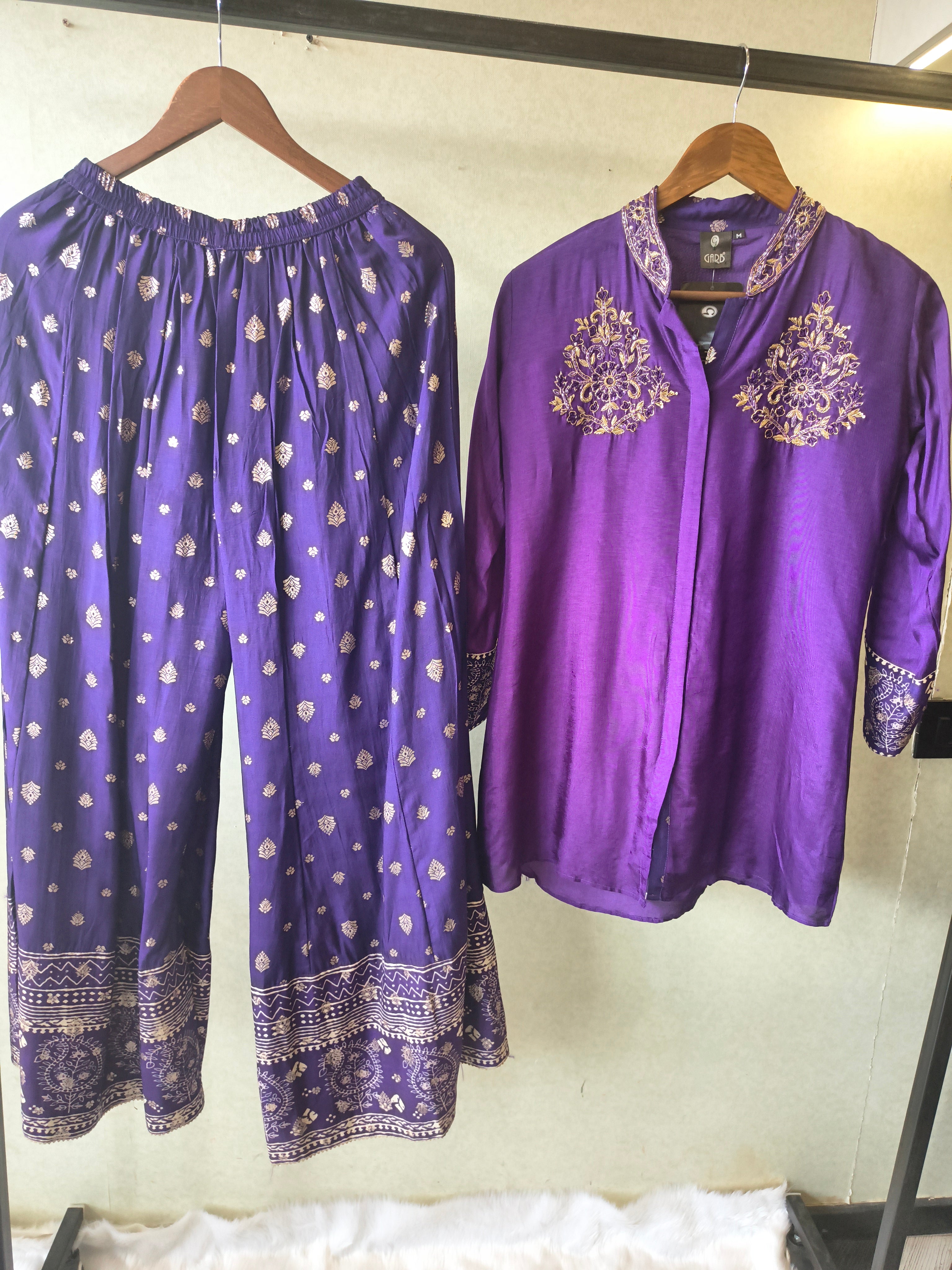 Image of Royal Purple Designer Embroidered Co-Ord Set with Printed Palazzo